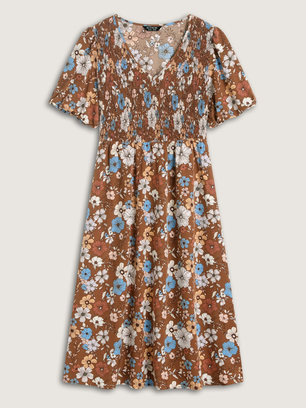 (18pcs Minimum Wholesale)Fall Florals Shirred Bodice Midi Dress
