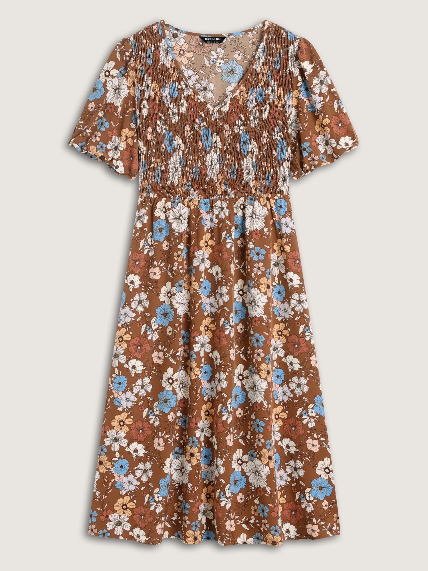 (18pcs Minimum Wholesale)Fall Florals Shirred Bodice Midi Dress