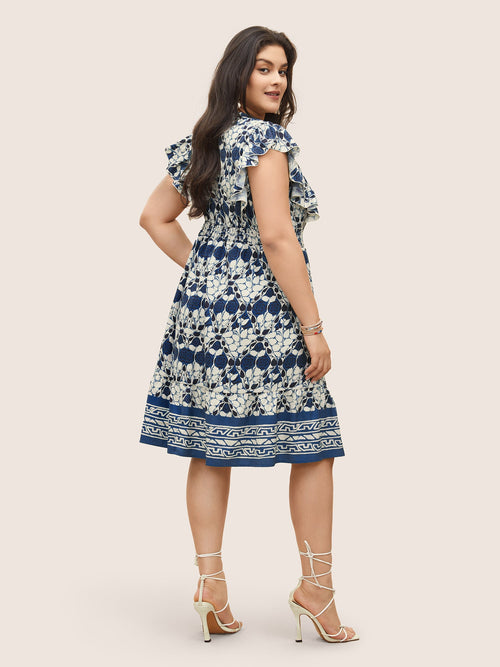 (16pcs Minimum Wholesale)Boho Print Ruffles Shirred Pocket Elastic Waist Dress