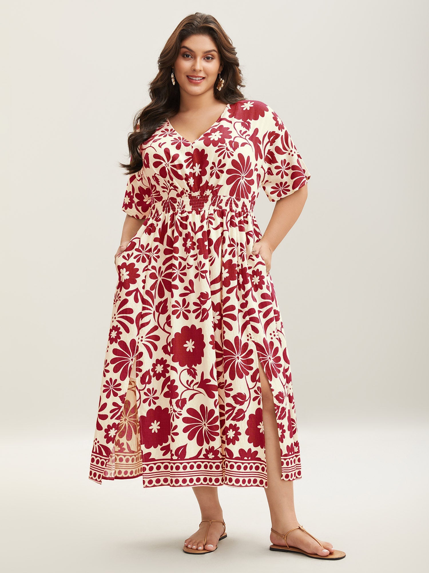 (16pcs Minimum Wholesale)Large Floral Print Pockets Midi Dress