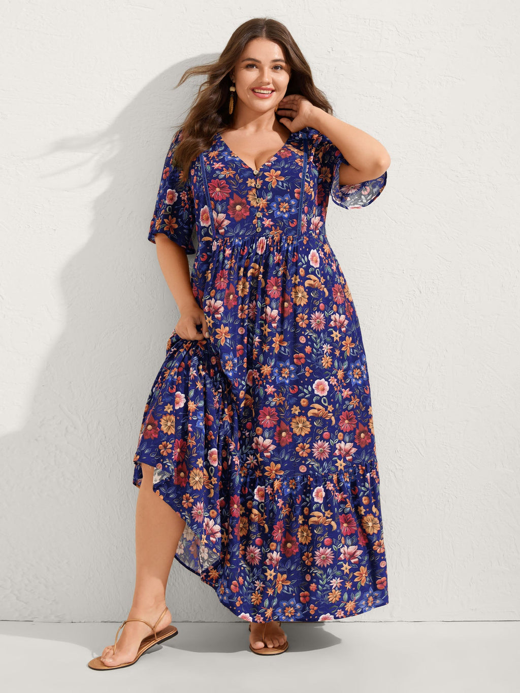 (20pcs Minimum Wholesale)Rayon Floral Lace Trim Button Maxi Dress