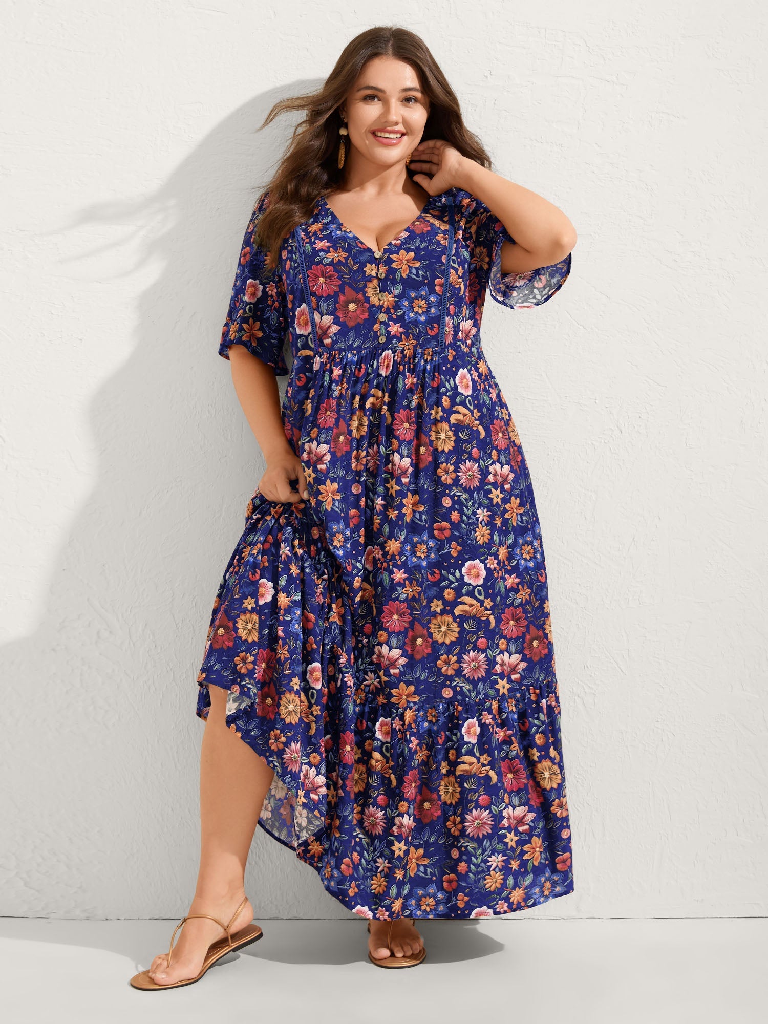 (20pcs Minimum Wholesale)Rayon Floral Lace Trim Button Maxi Dress