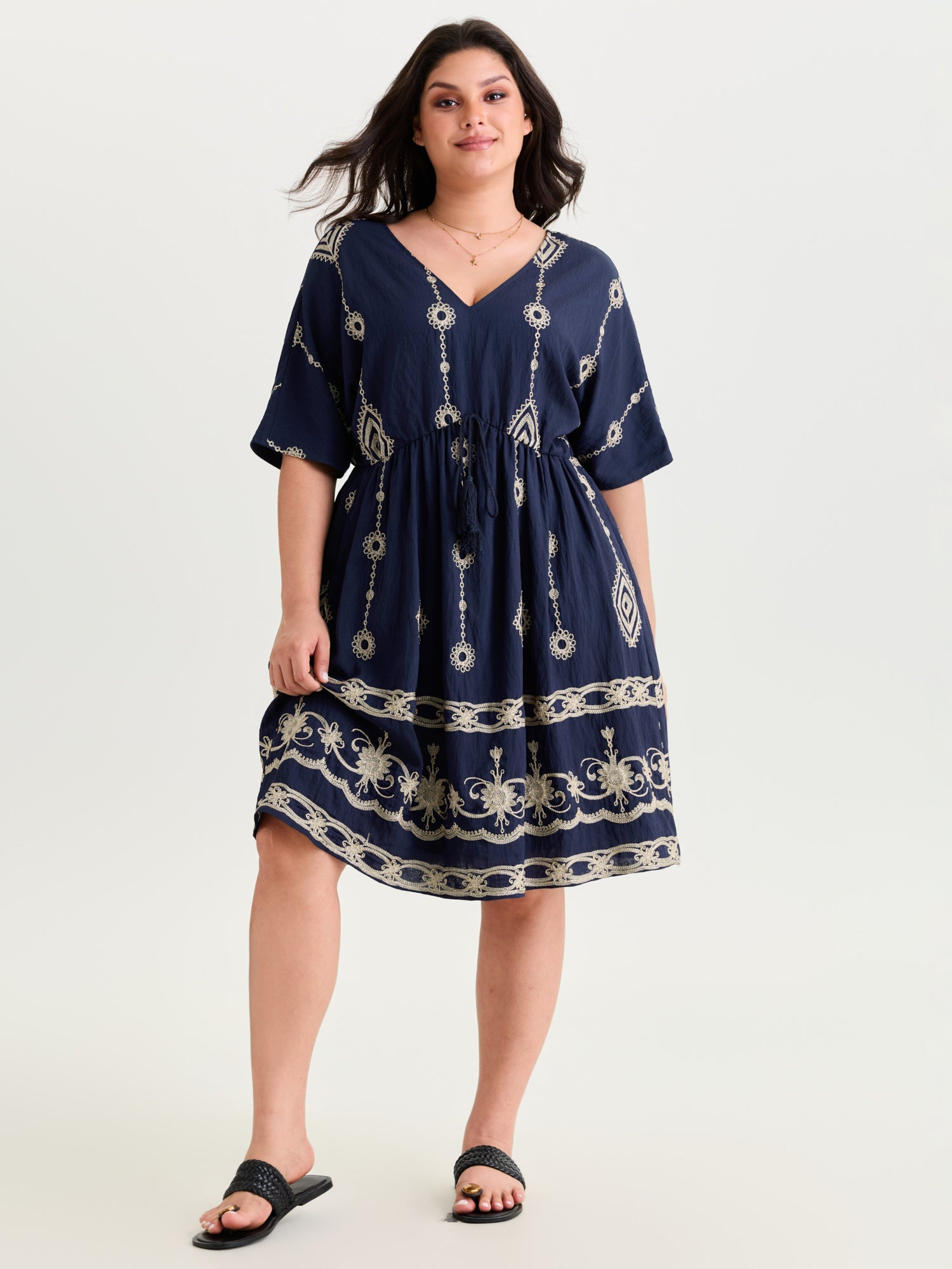 (20pcs Minimum Wholesale)Boho Embroidered Waist Tie Mini Dress