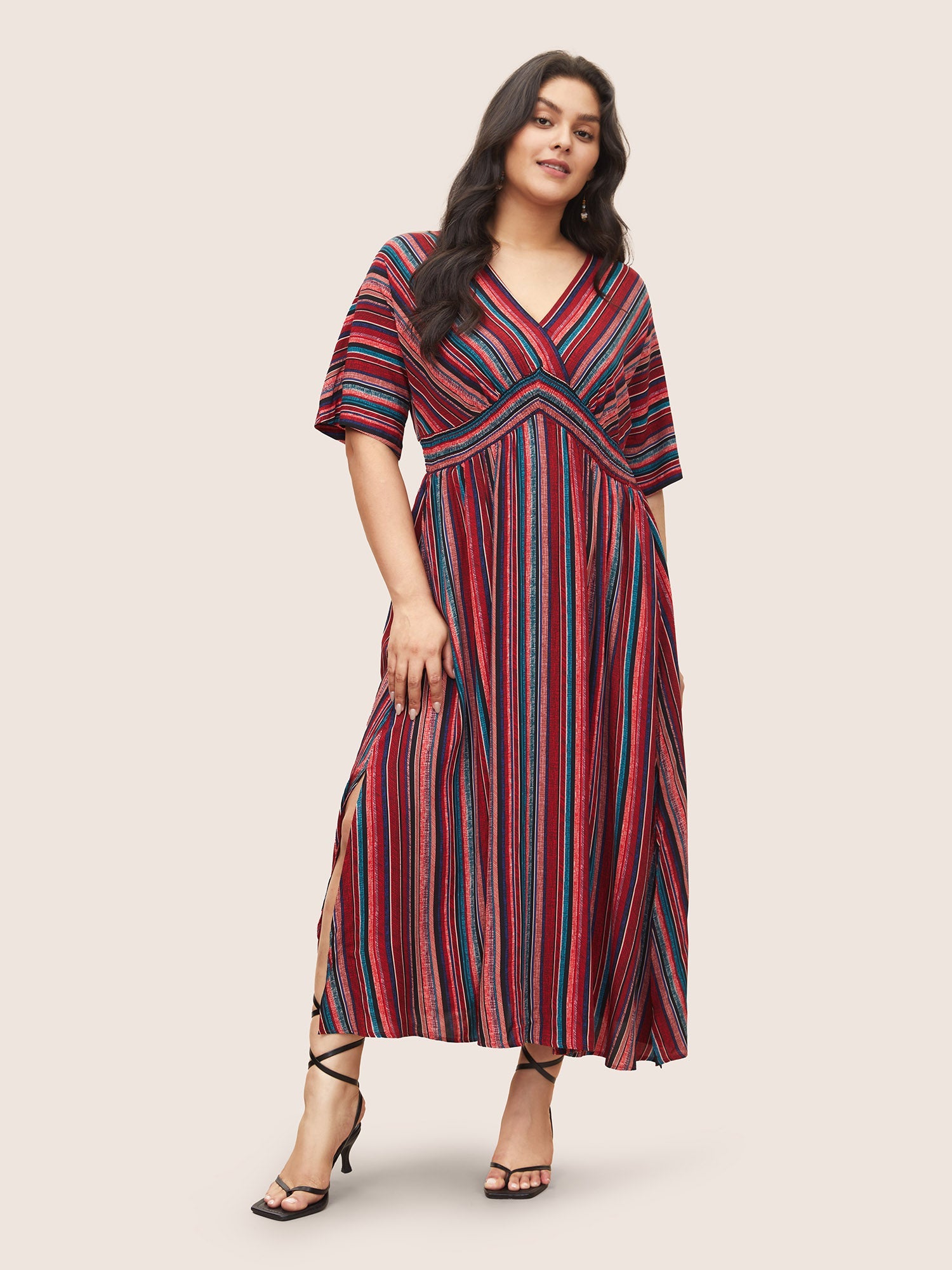 (25pcs Minimum Wholesale)Striped Contrast Dolman Sleeve Shirred Pocket Split Flutter Dress