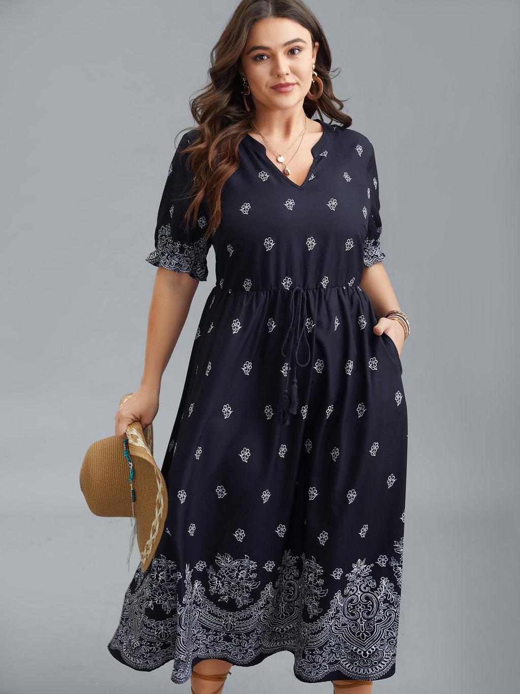 (16pcs Minimum Wholesale)Floral Waist-Tie Notched Collar Midi Dress