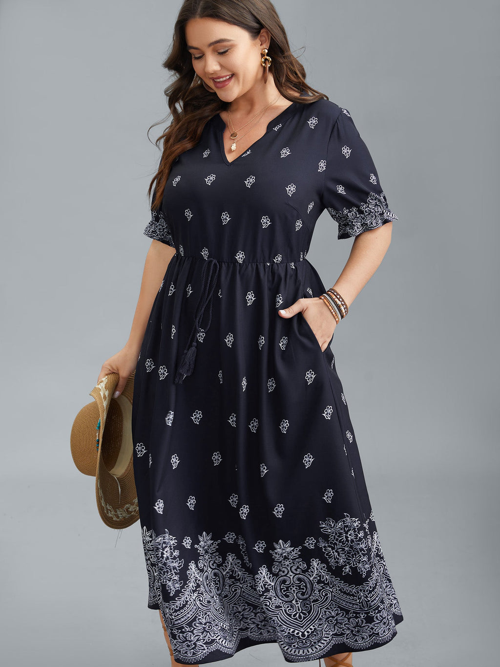 (16pcs Minimum Wholesale)Floral Waist-Tie Notched Collar Midi Dress
