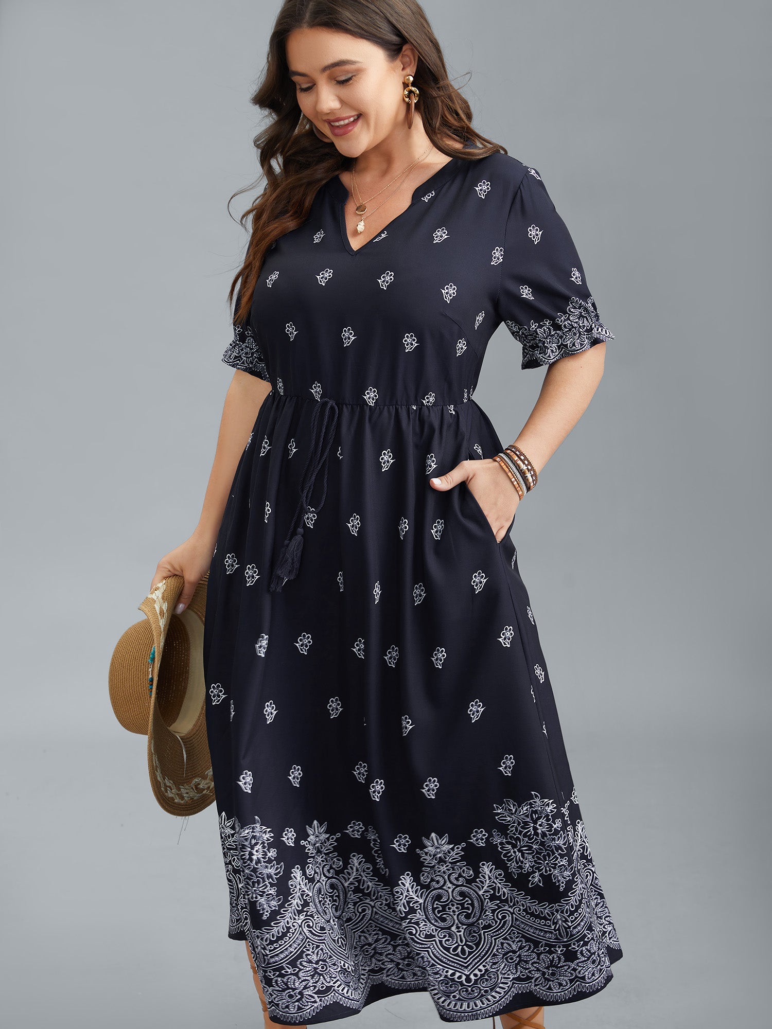 (16pcs Minimum Wholesale)Floral Waist-Tie Notched Collar Midi Dress