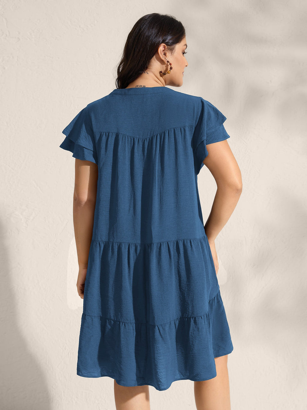 (16pcs Minimum Wholesale)Embroidered Neckline A-Line Ruffled Knee-Length Dress