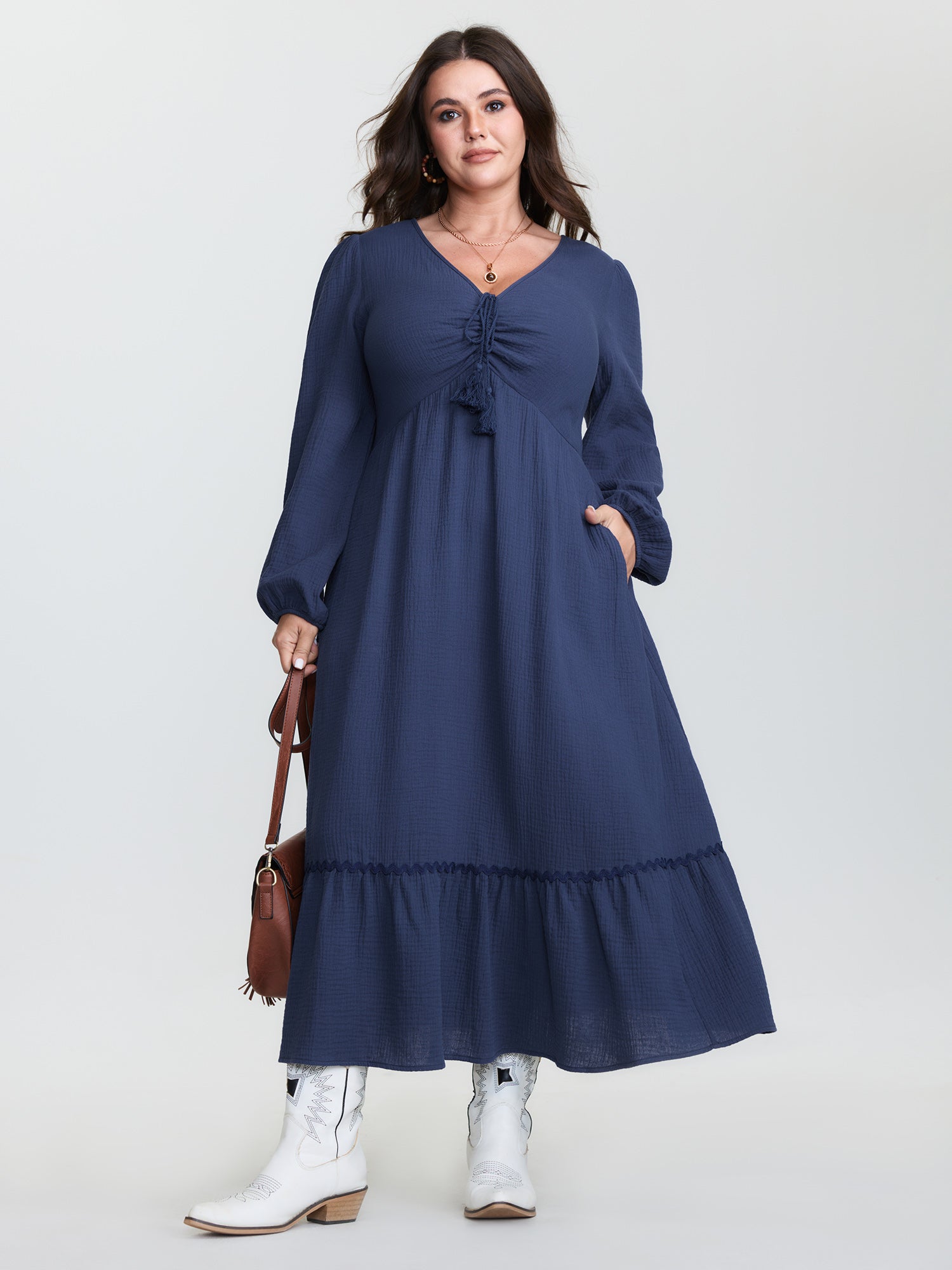 (20pcs Minimum Wholesale)Cotton Ruched Drawstring Neckline Tiered Midi Dress