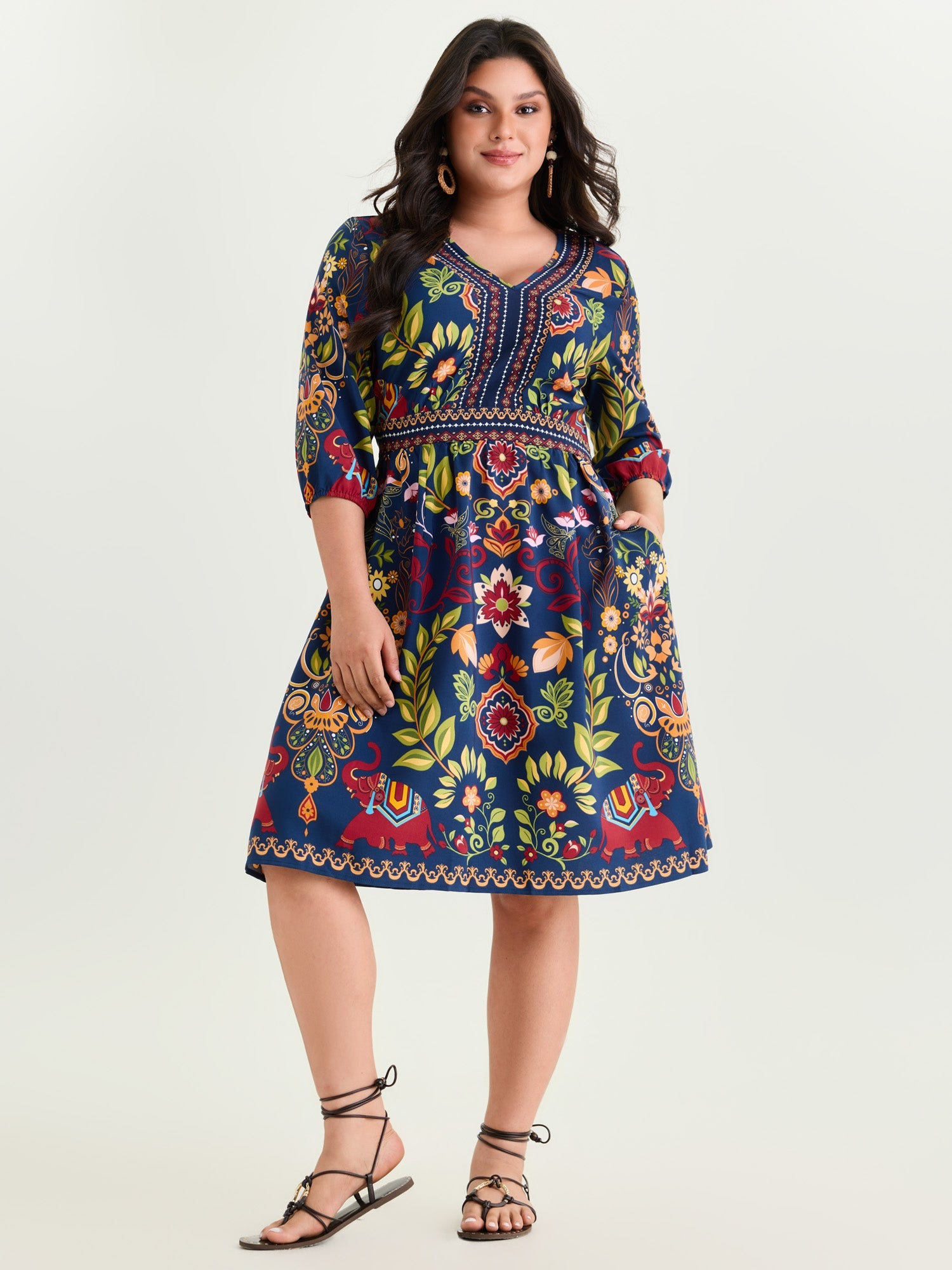 (30pcs Minimum Wholesale)Boho Print V-Neck Pockets Mini Dress