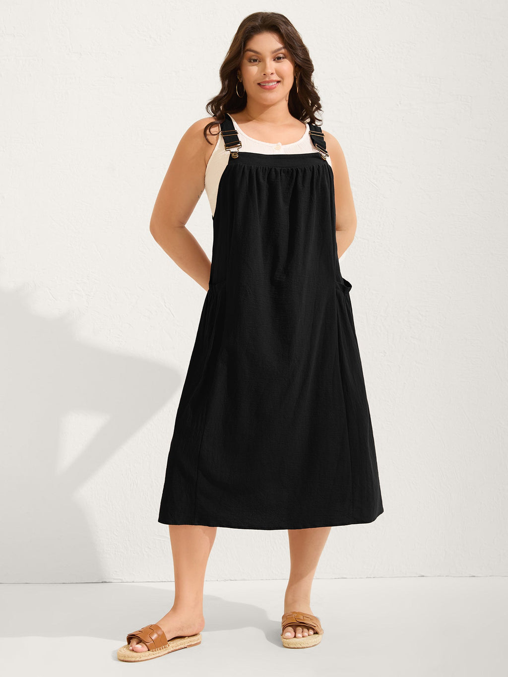 (20pcs Minimum Wholesale)Pure Cotton Pleated Pockets Midi Dress