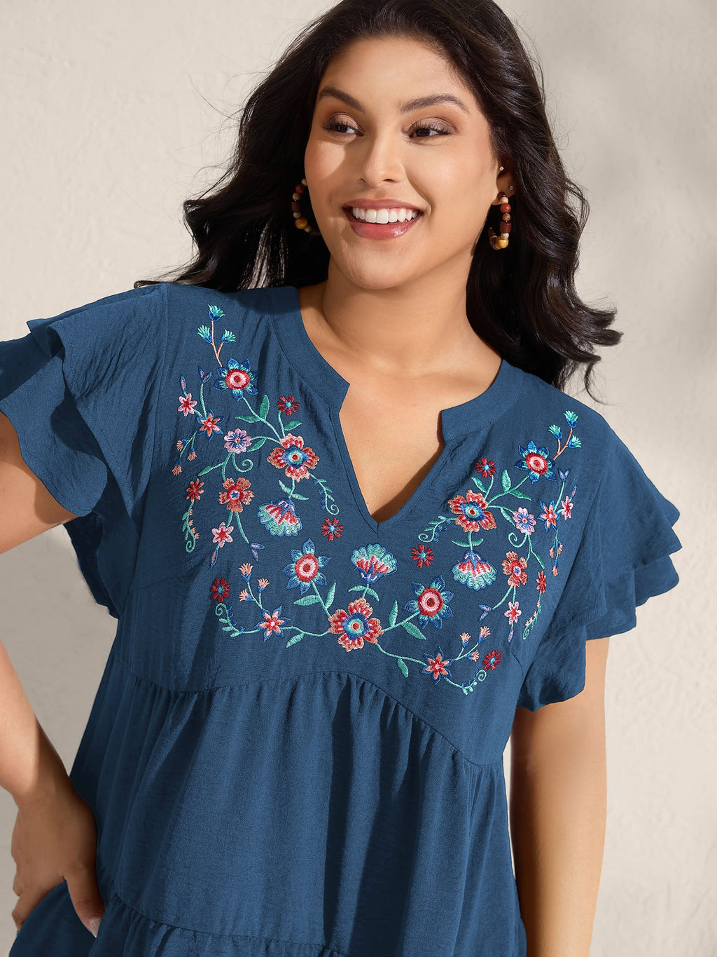 (16pcs Minimum Wholesale)Embroidered Neckline A-Line Ruffled Knee-Length Dress