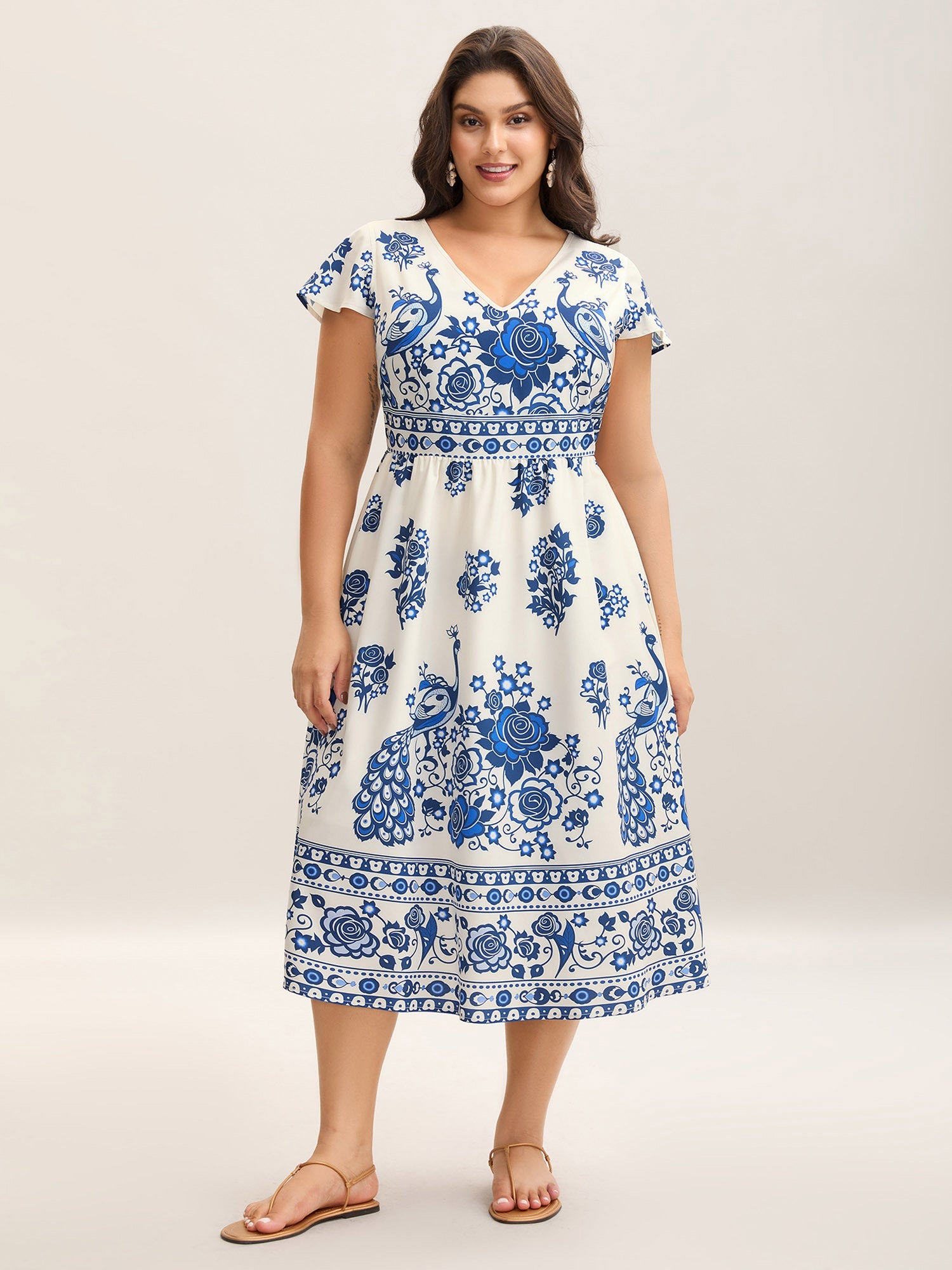 (28pcs Minimum Wholesale)Boho Print V-Neck Pockets Midi Dress