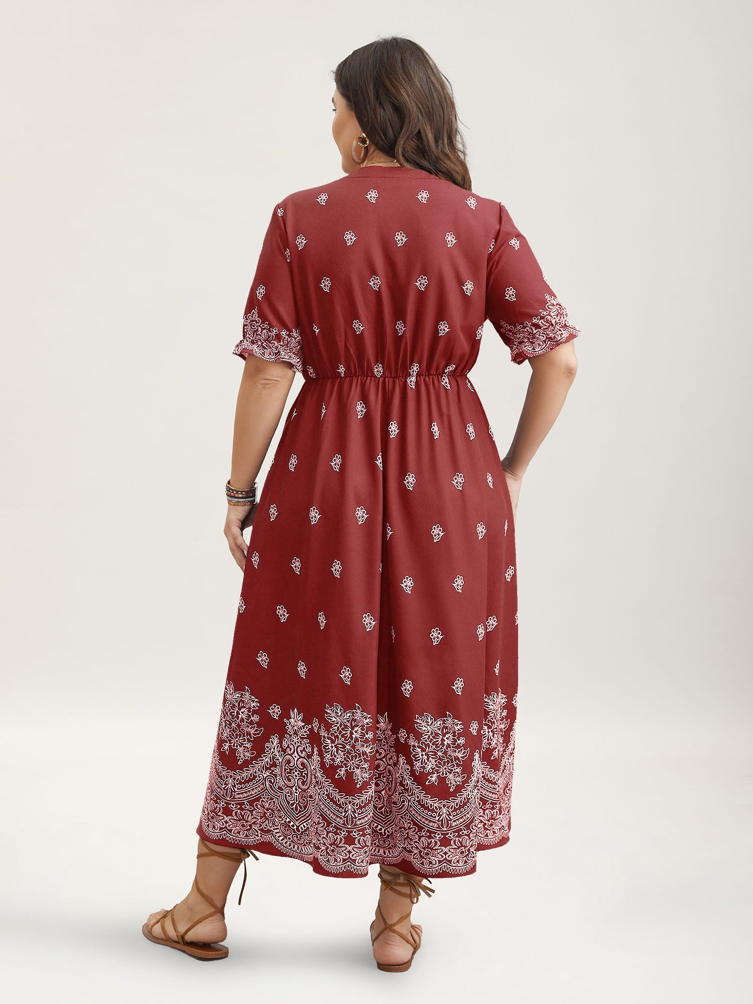 (16pcs Minimum Wholesale)Floral Waist-Tie Notched Collar Midi Dress