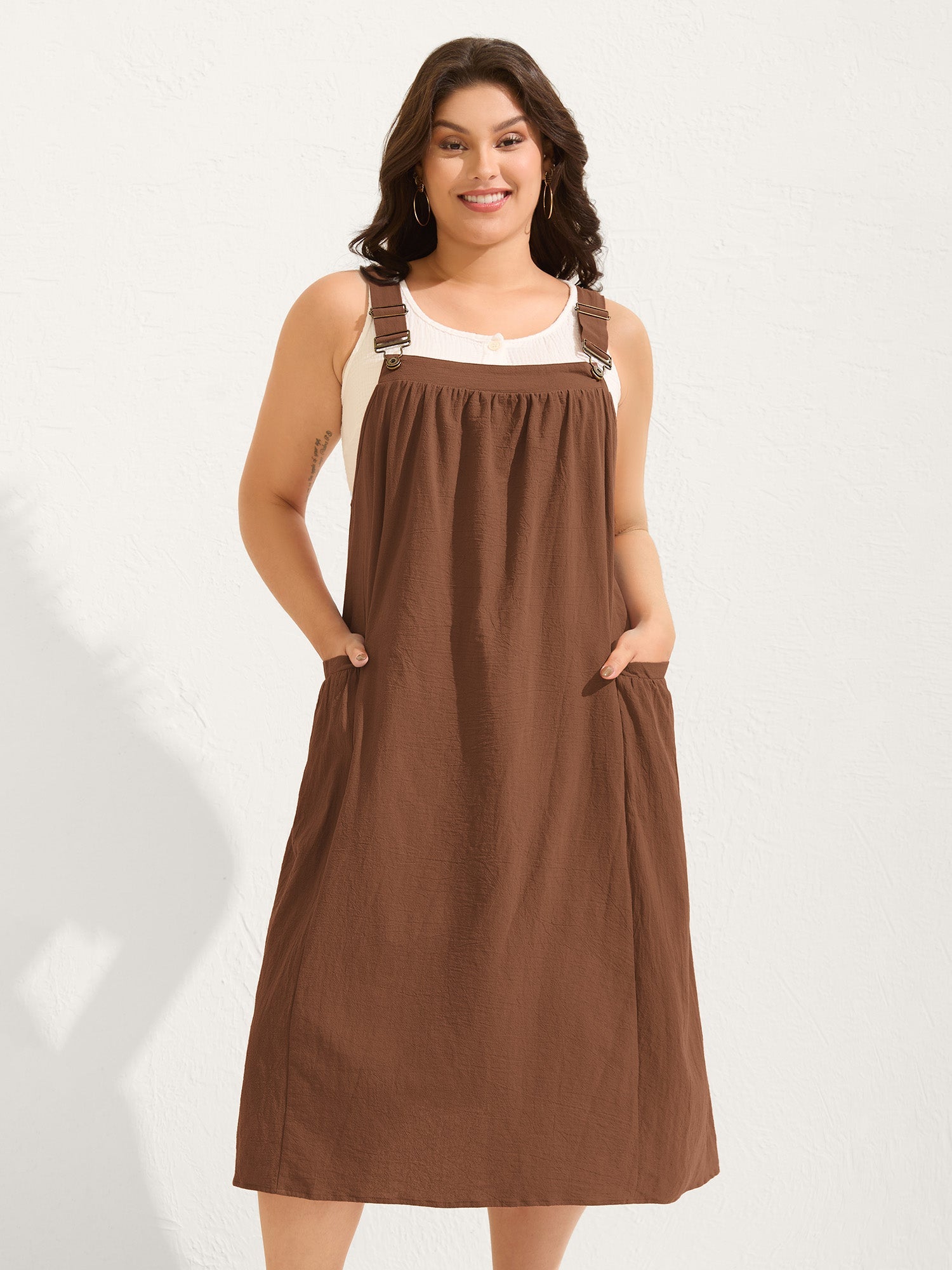 (20pcs Minimum Wholesale)Pure Cotton Pleated Pockets Midi Dress