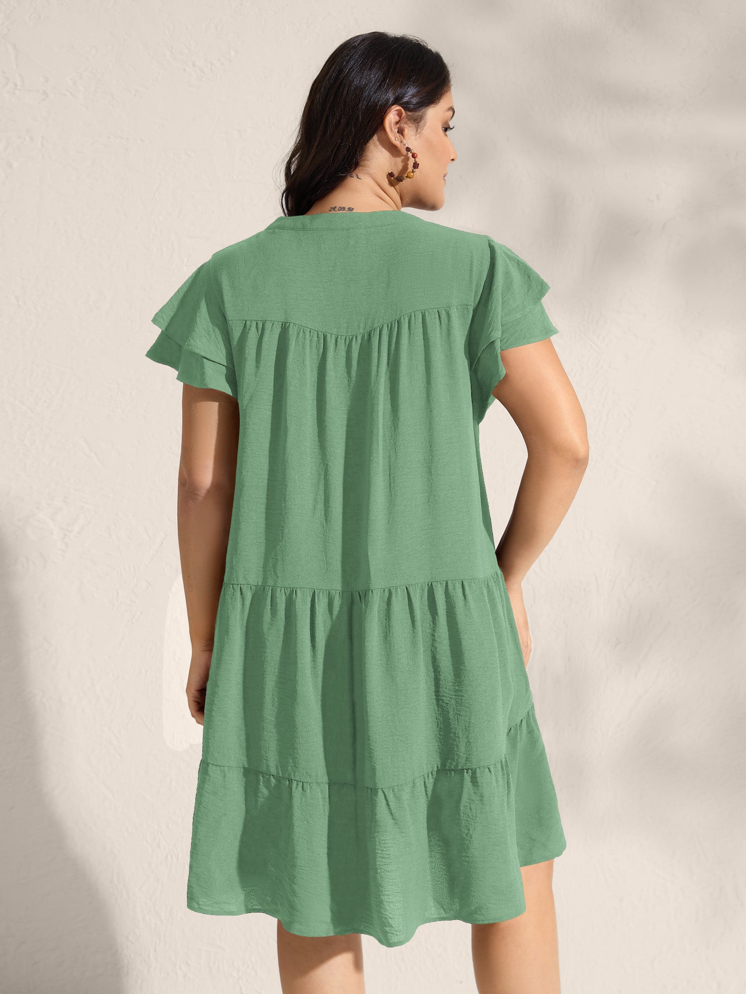 (16pcs Minimum Wholesale)Embroidered Neckline A-Line Ruffled Knee-Length Dress
