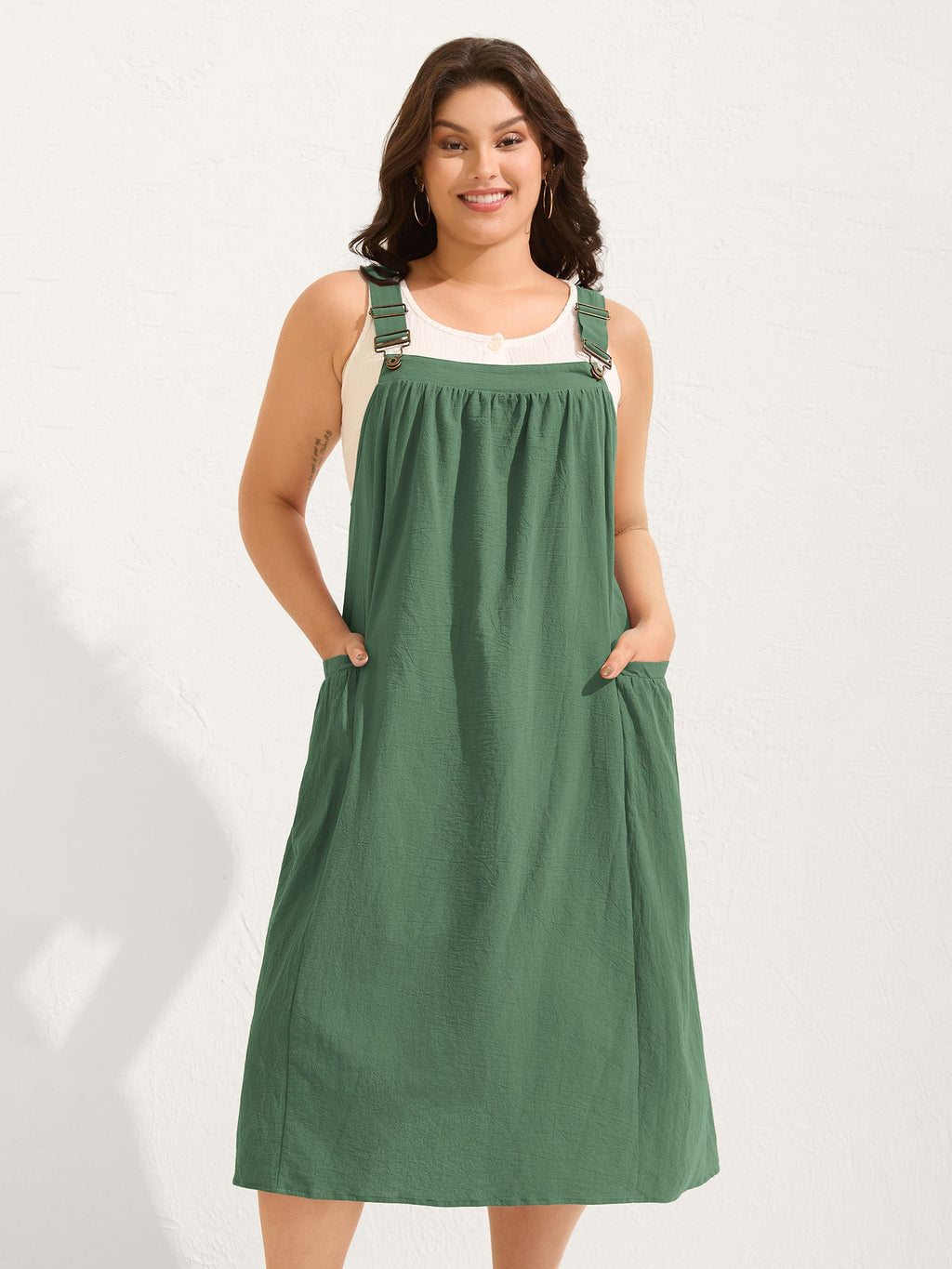 (20pcs Minimum Wholesale)Pure Cotton Pleated Pockets Midi Dress