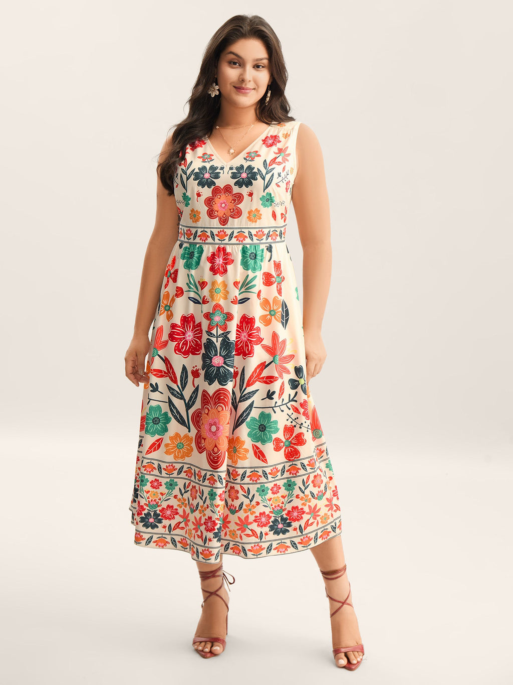 (18pcs Minimum Wholesale)Floral Drama Cinched-Waist Maxi Dress
