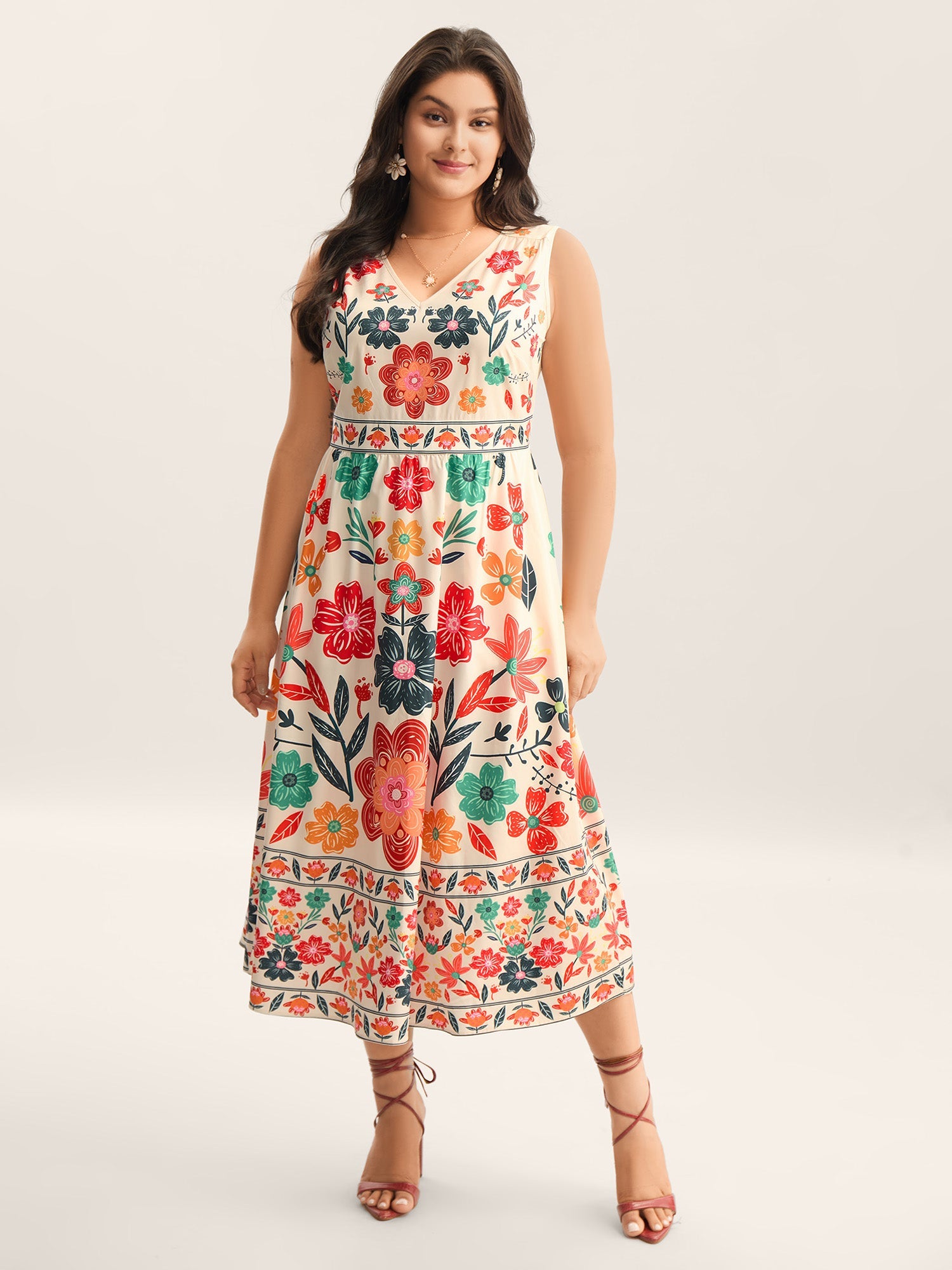 (18pcs Minimum Wholesale)Floral Drama Cinched-Waist Maxi Dress