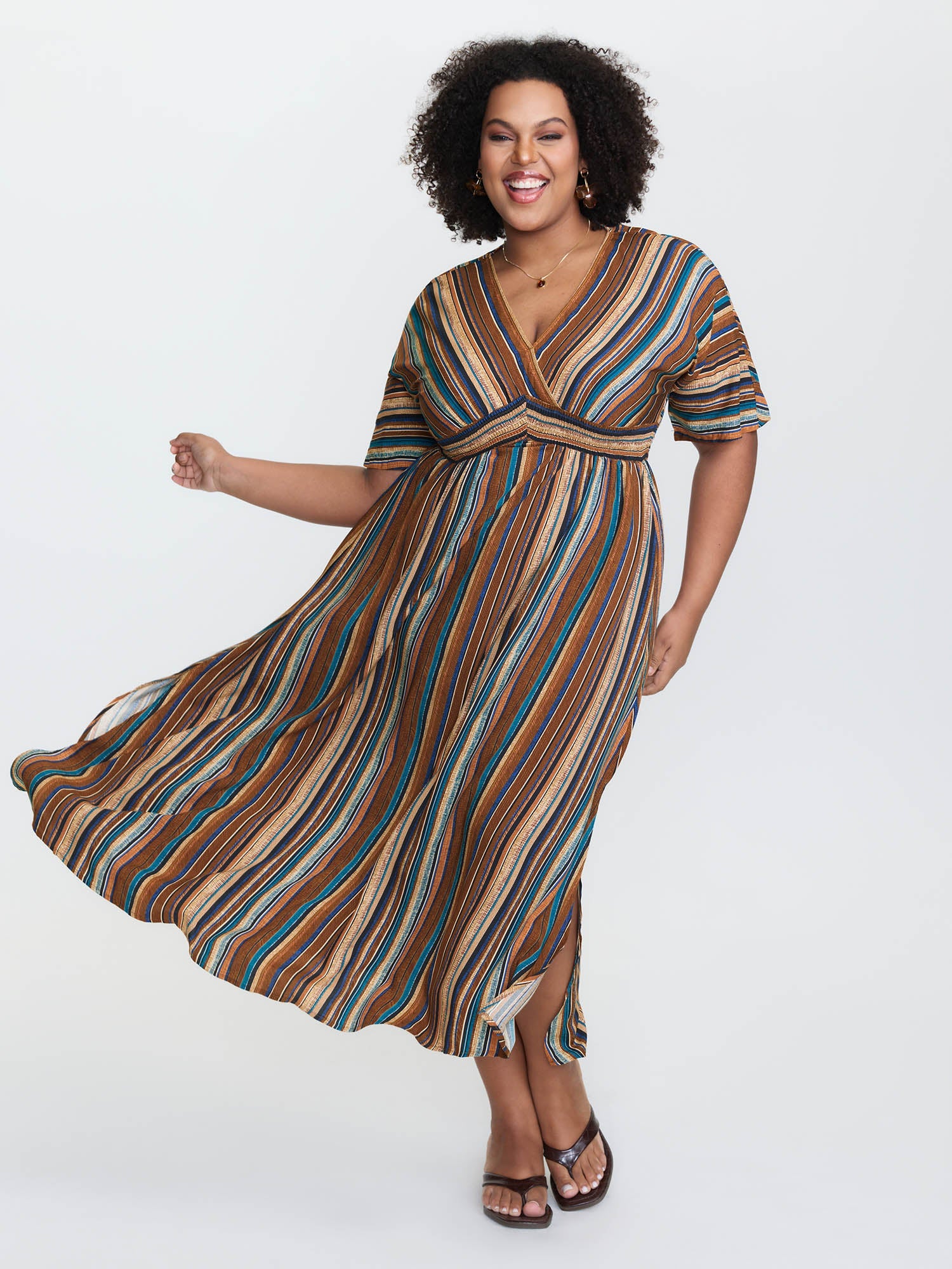 (25pcs Minimum Wholesale)Striped Contrast Dolman Sleeve Shirred Pocket Split Flutter Dress
