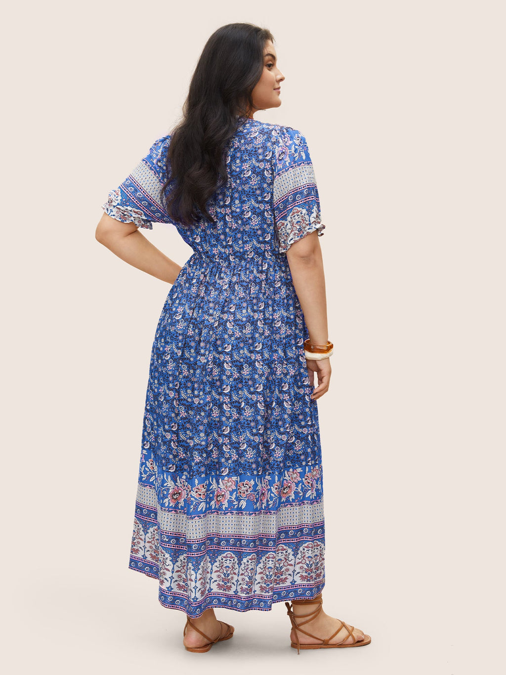 (20pcs Minimum Wholesale)Boho Print Notched Ties Tassel Trim Dress