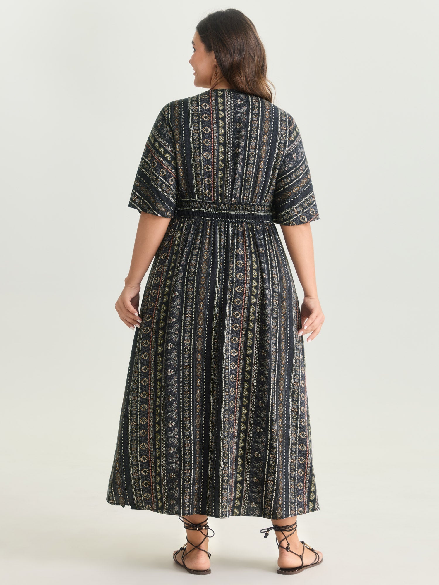 (25pcs Minimum Wholesale)Striped Contrast Dolman Sleeve Shirred Pocket Split Flutter Dress