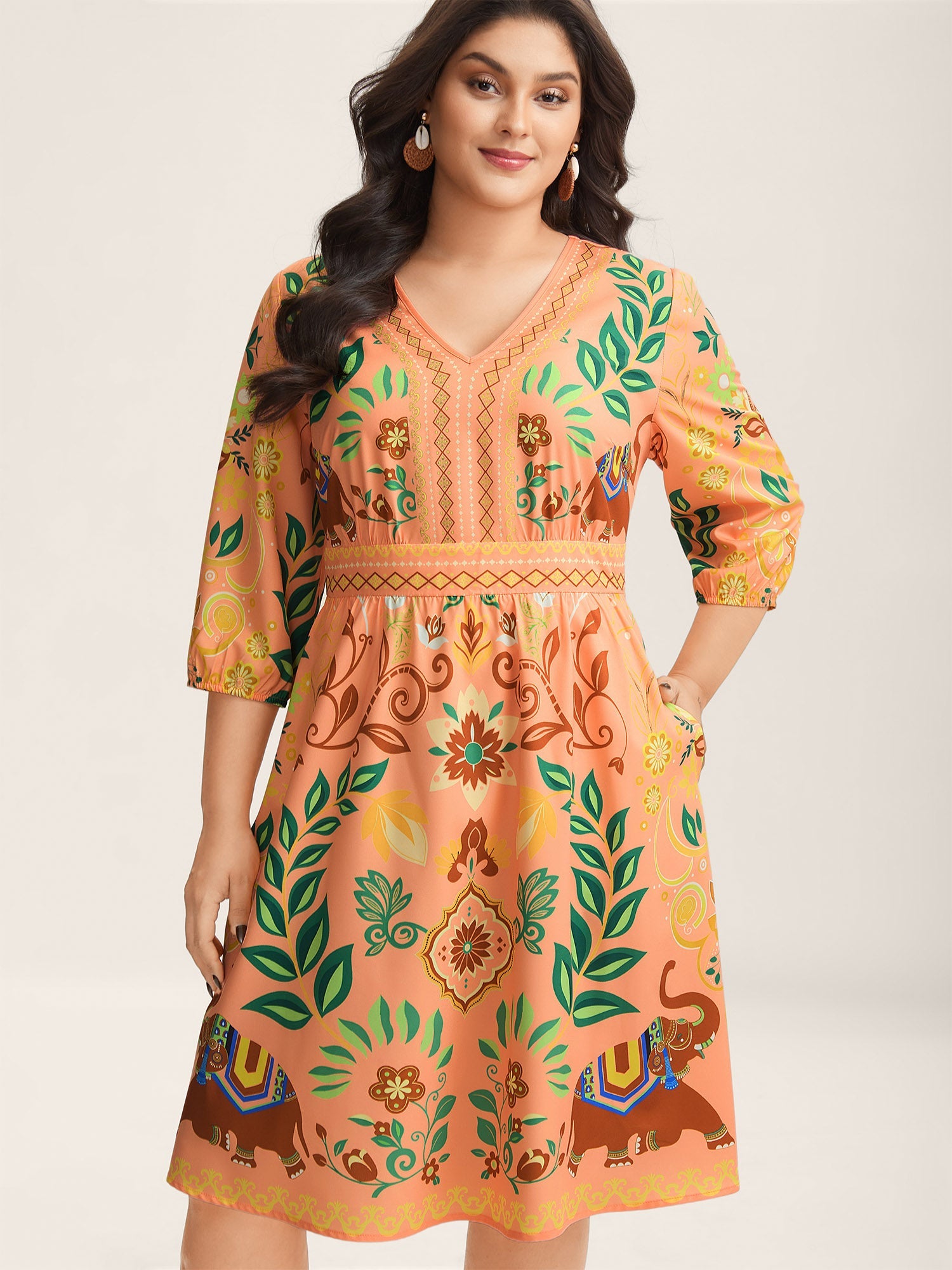 (30pcs Minimum Wholesale)Boho Print V-Neck Pockets Mini Dress