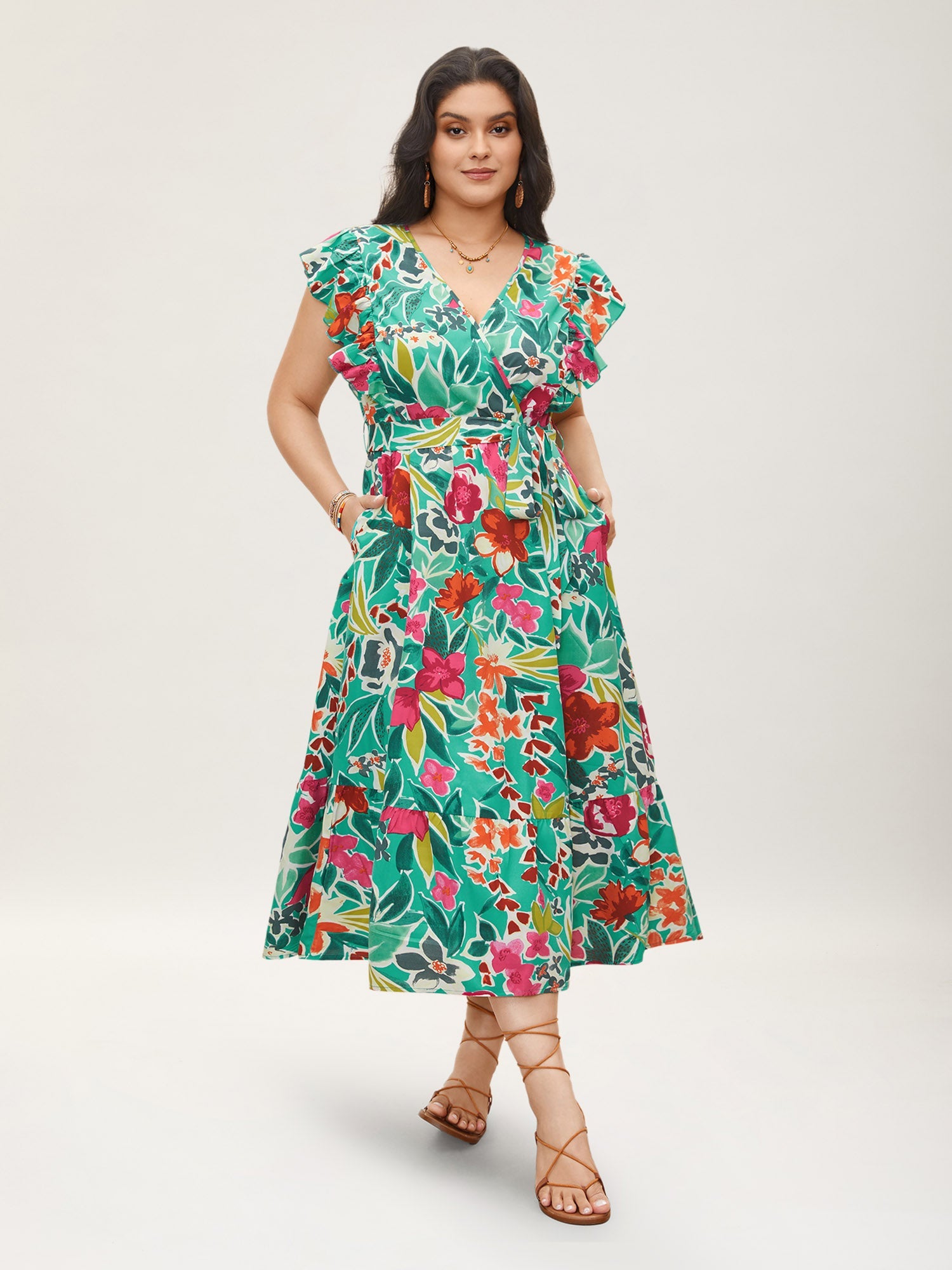 (20pcs Minimum Wholesale)Floral Wrap Patchwork Ruffle Cap Sleeve Dress