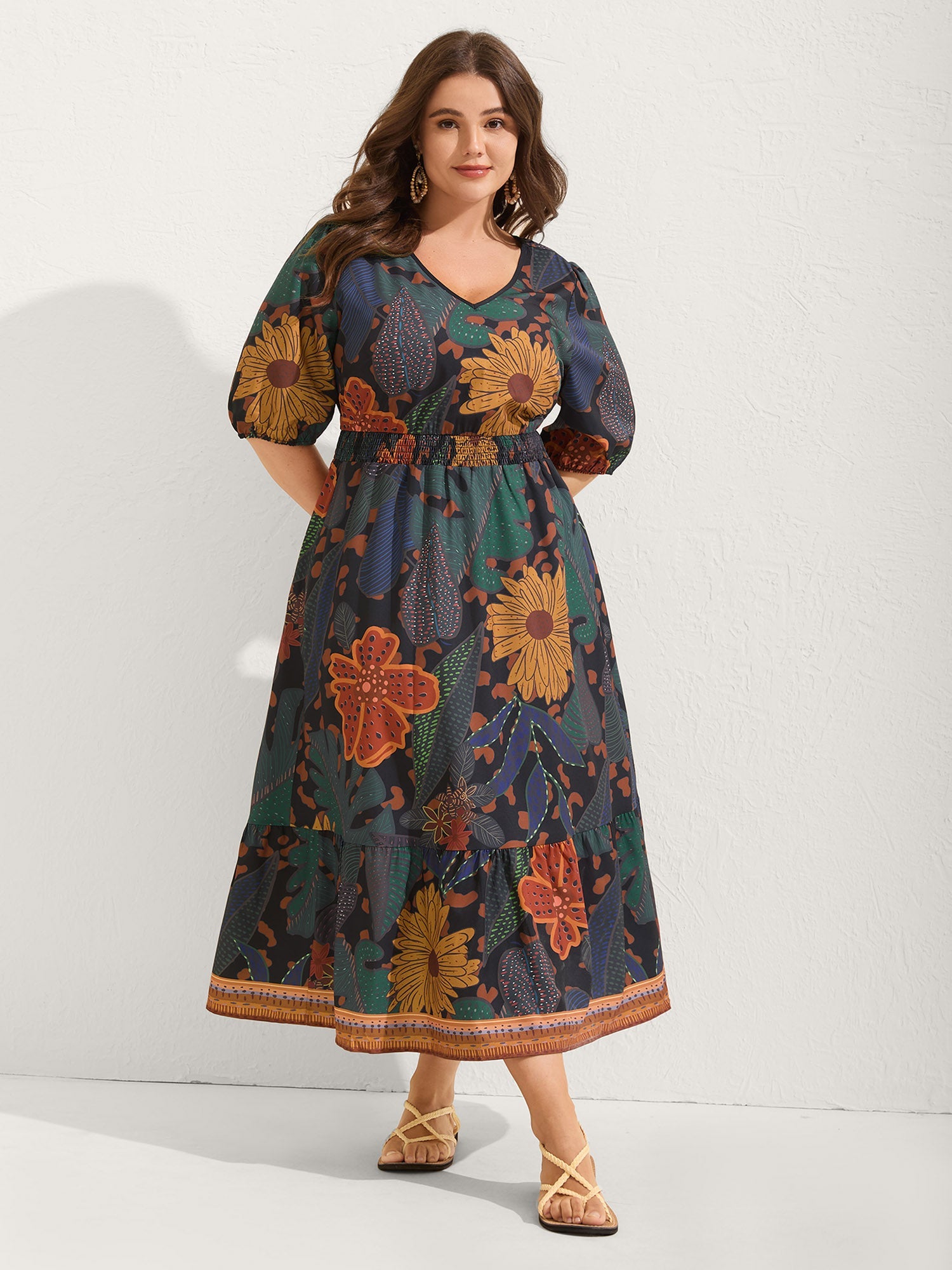 (30pcs Minimum Wholesale)Floral Shirred Lantern Sleeve Midi Dress