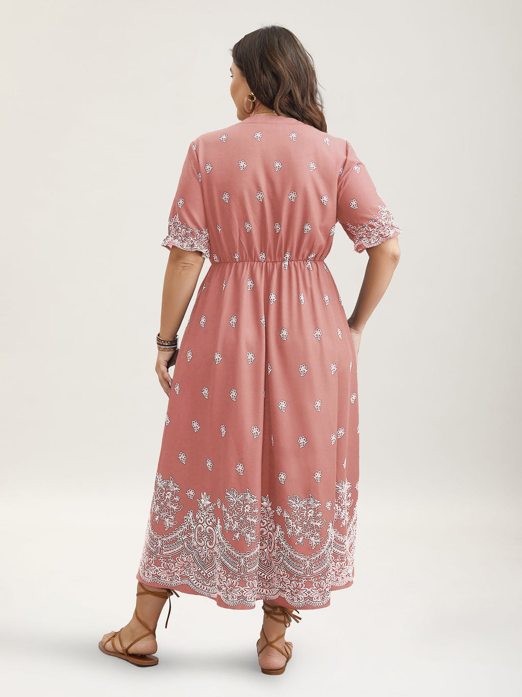 (16pcs Minimum Wholesale)Floral Waist-Tie Notched Collar Midi Dress