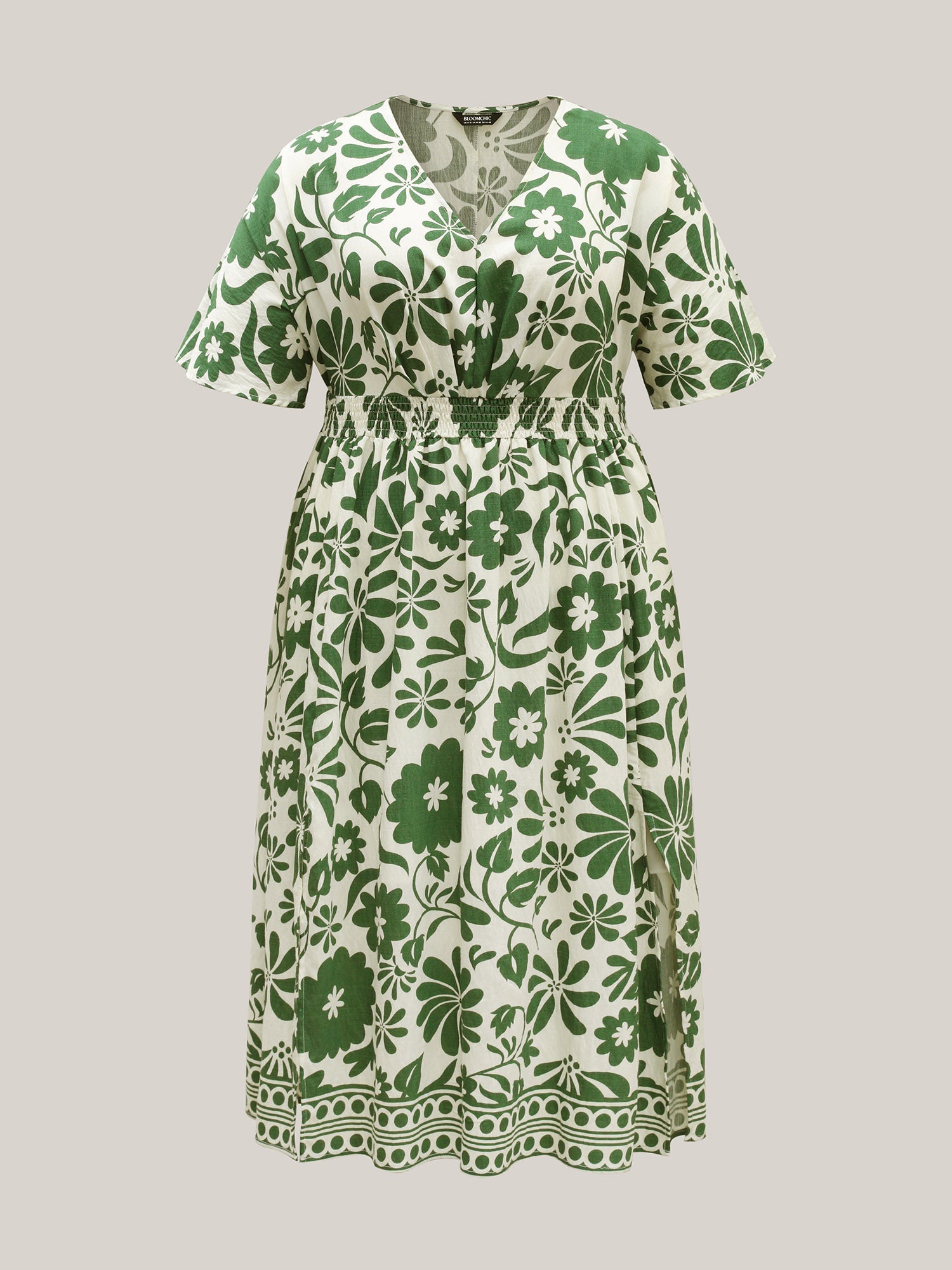 (16pcs Minimum Wholesale)Large Floral Print Pockets Midi Dress