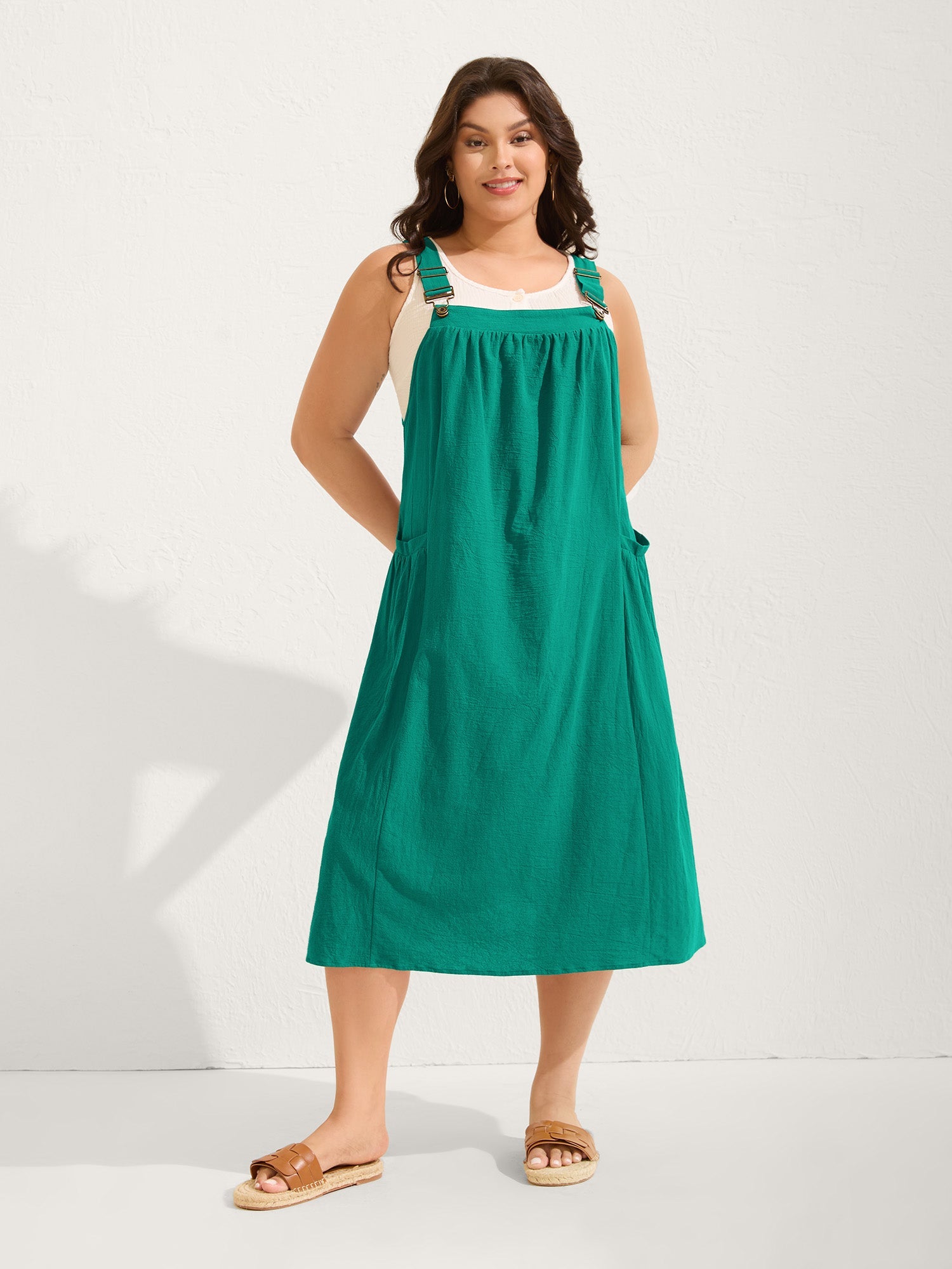(20pcs Minimum Wholesale)Pure Cotton Pleated Pockets Midi Dress
