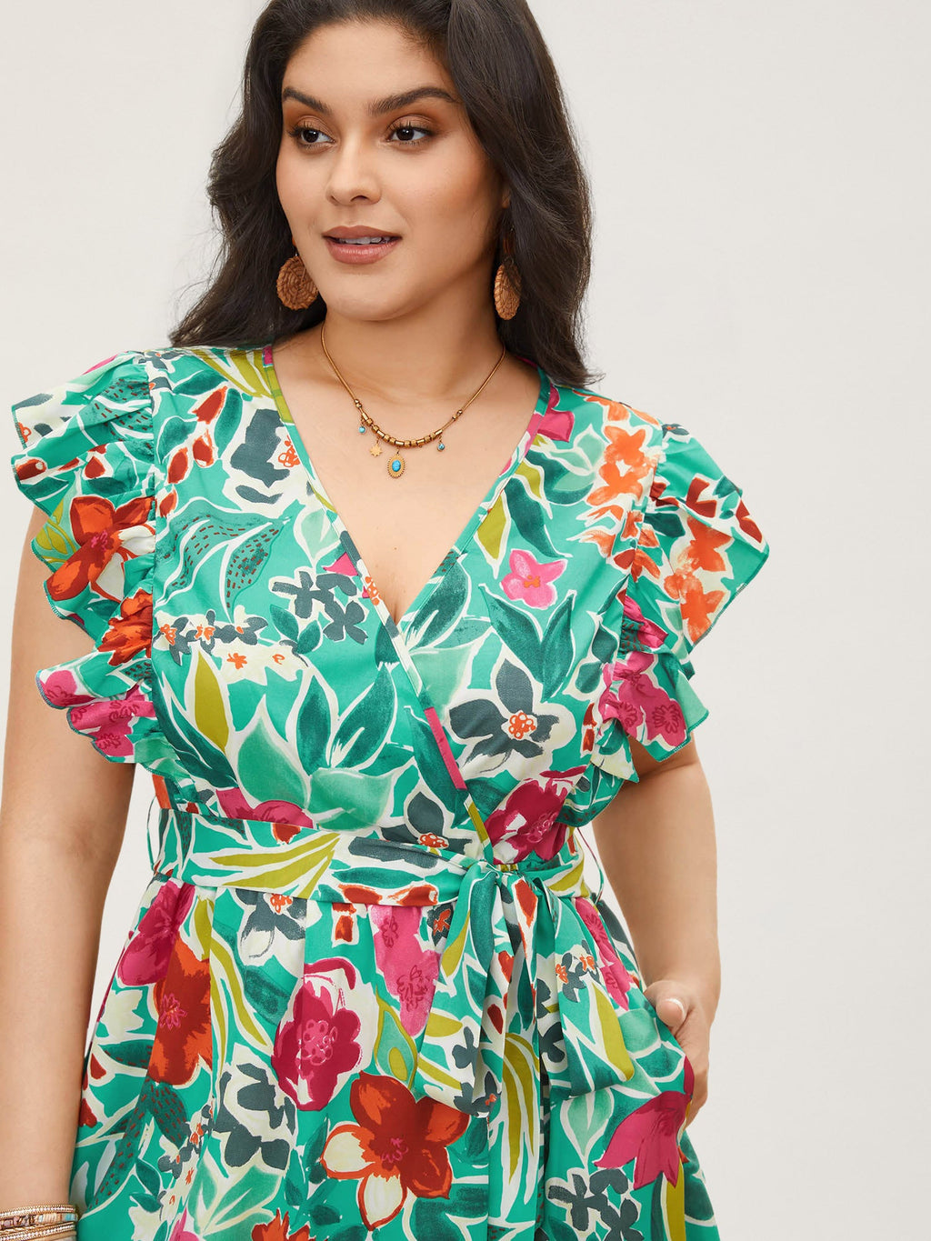 (20pcs Minimum Wholesale)Floral Wrap Patchwork Ruffle Cap Sleeve Dress