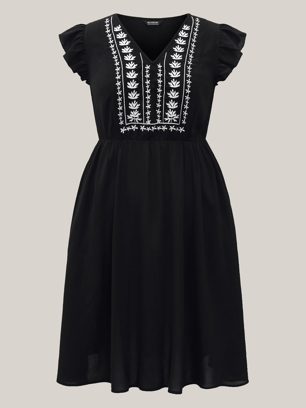 (20pcs Minimum Wholesale)Floral Embroidered V Neck Ruffle Cap Sleeve Dress