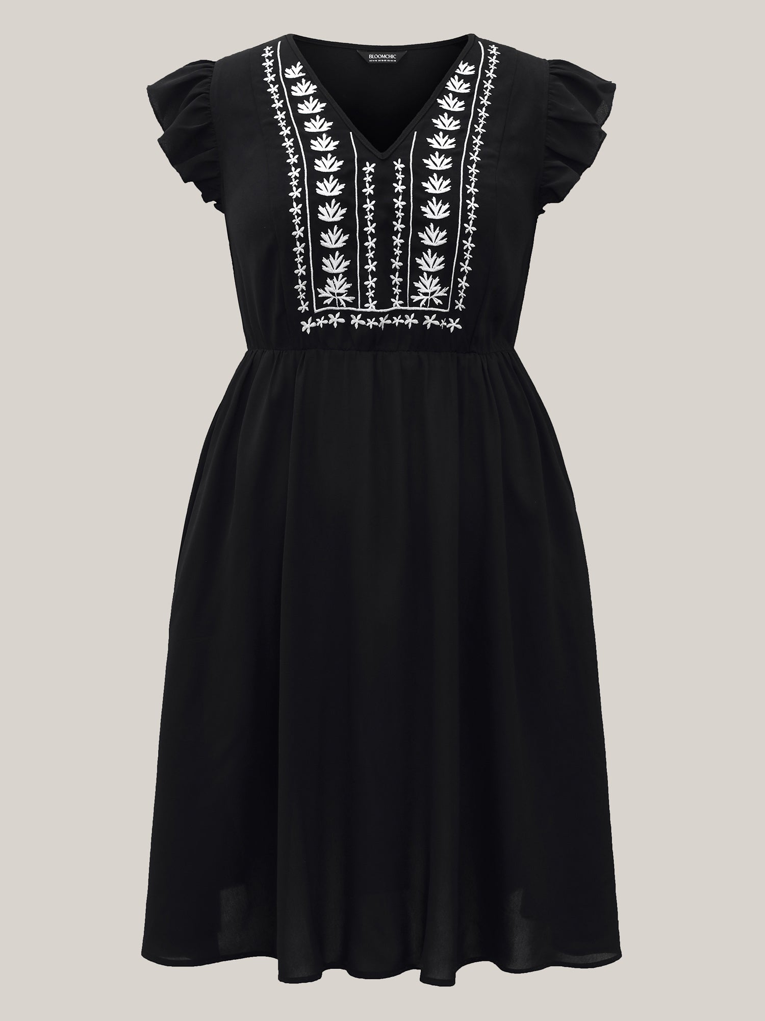 (20pcs Minimum Wholesale)Floral Embroidered V Neck Ruffle Cap Sleeve Dress