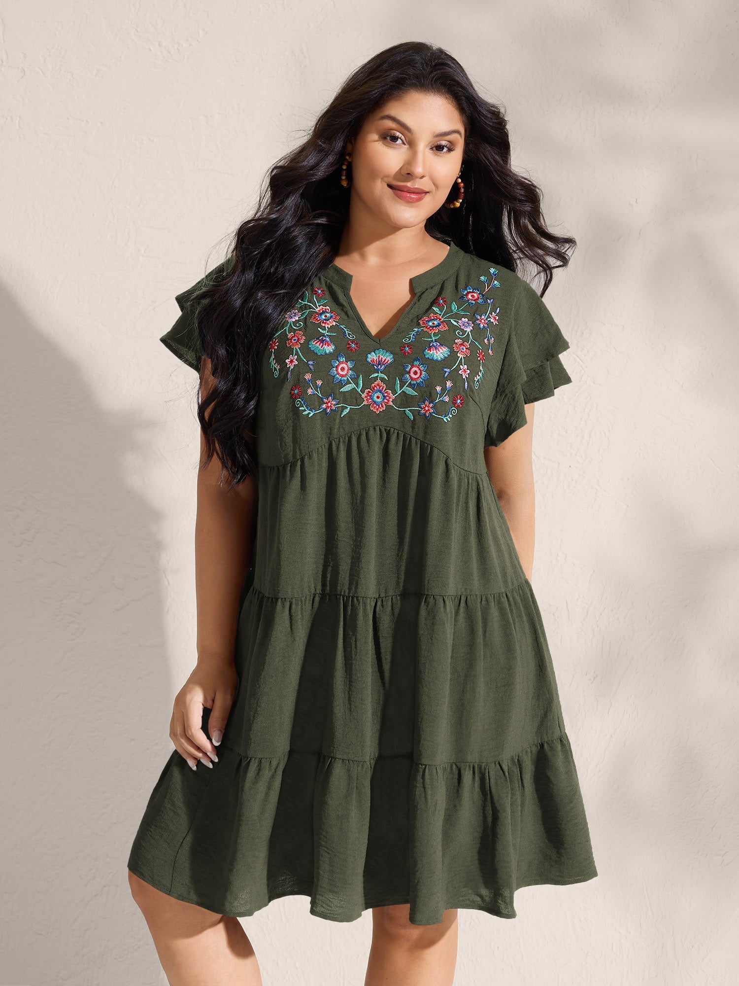 (16pcs Minimum Wholesale)Embroidered Neckline A-Line Ruffled Knee-Length Dress