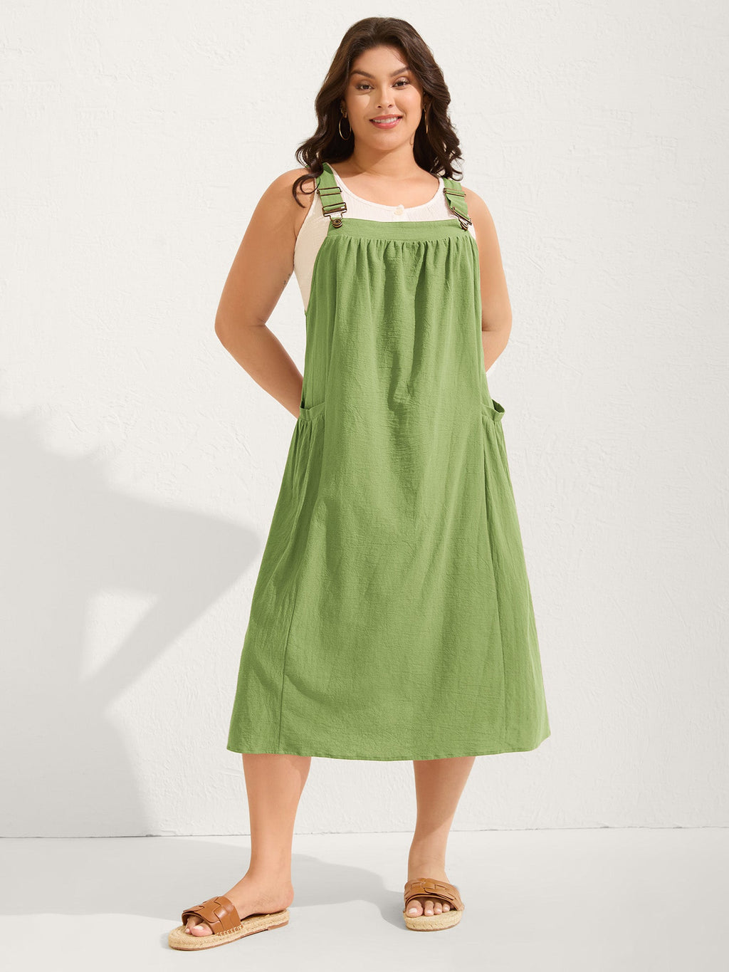 (20pcs Minimum Wholesale)Pure Cotton Pleated Pockets Midi Dress