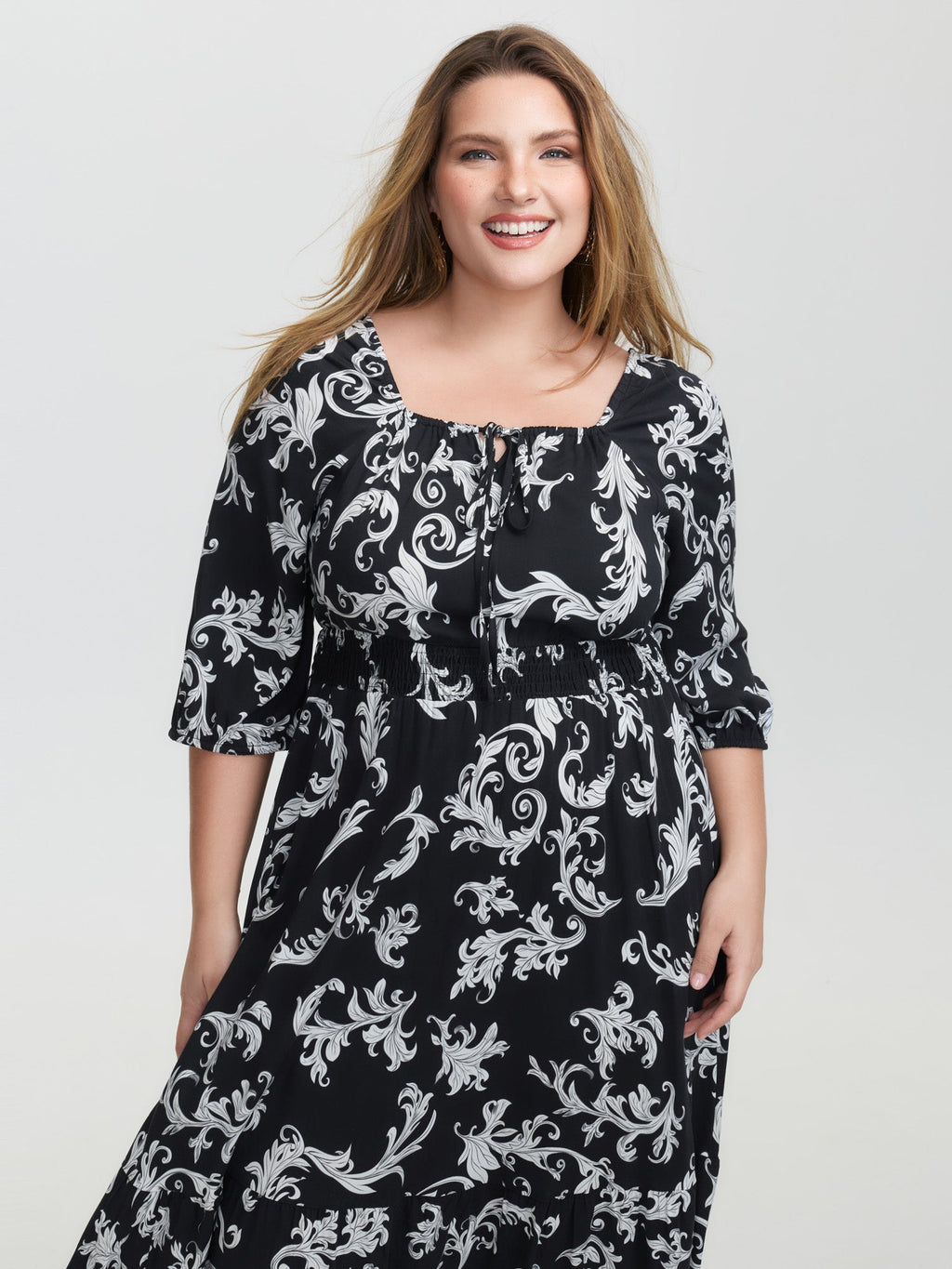 (16pcs Minimum Wholesale)Scroll Pattern Adjustable Drawstring Pockets Midi Dress
