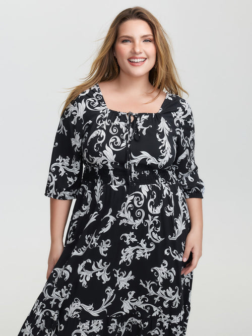 (16pcs Minimum Wholesale)Scroll Pattern Adjustable Drawstring Pockets Midi Dress