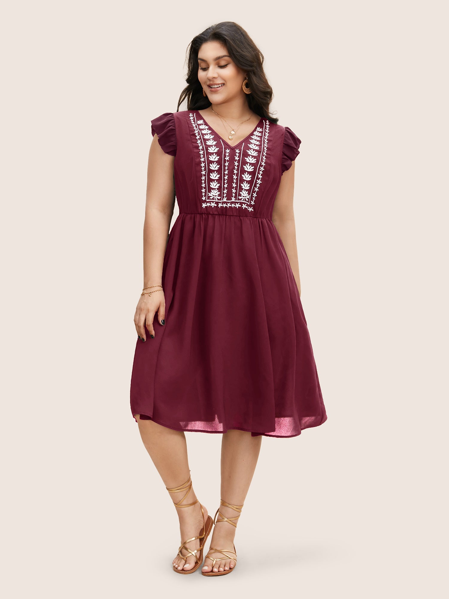 (20pcs Minimum Wholesale)Floral Embroidered V Neck Ruffle Cap Sleeve Dress