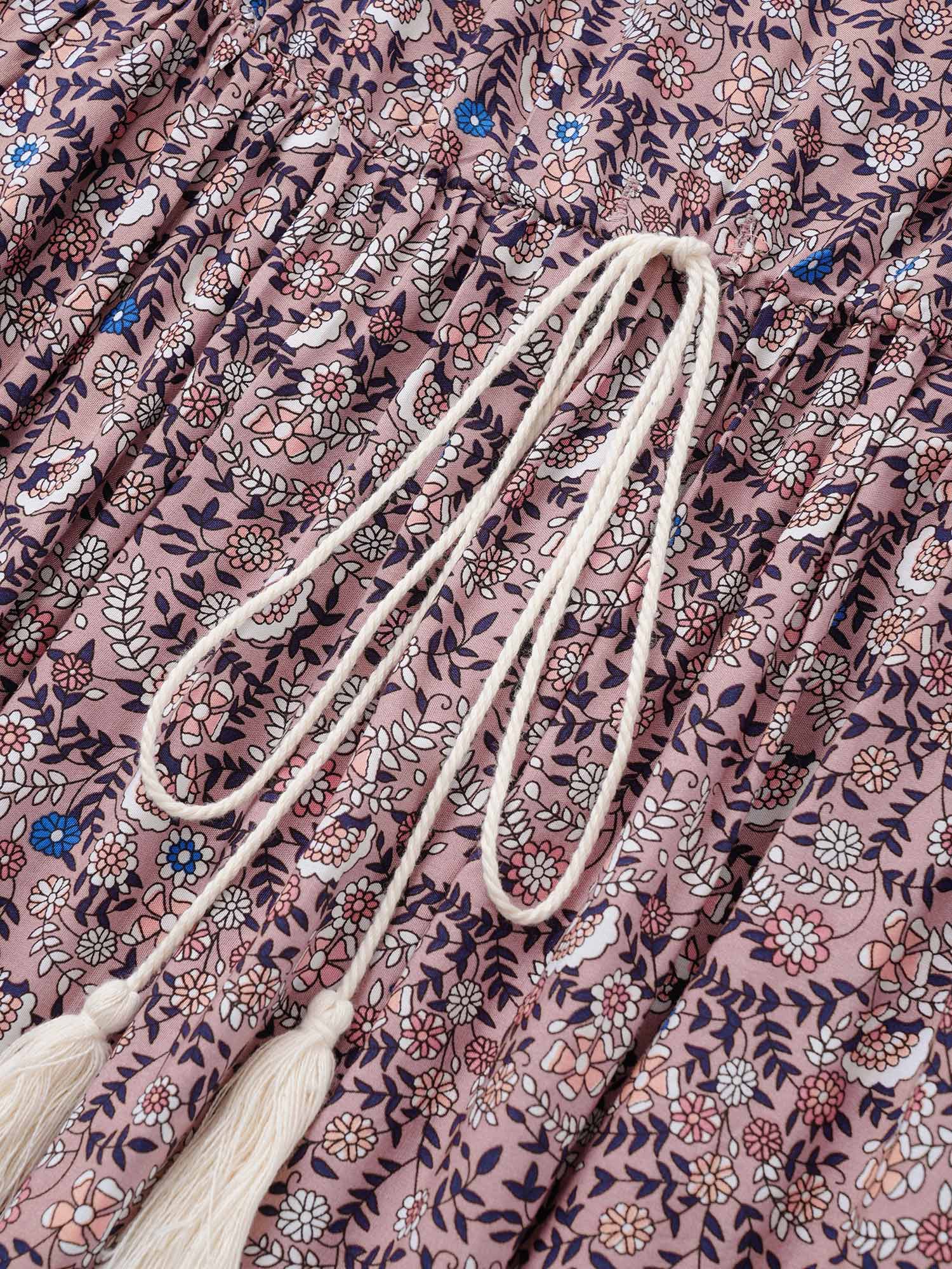 (20pcs Minimum Wholesale)Boho Print Notched Ties Tassel Trim Dress