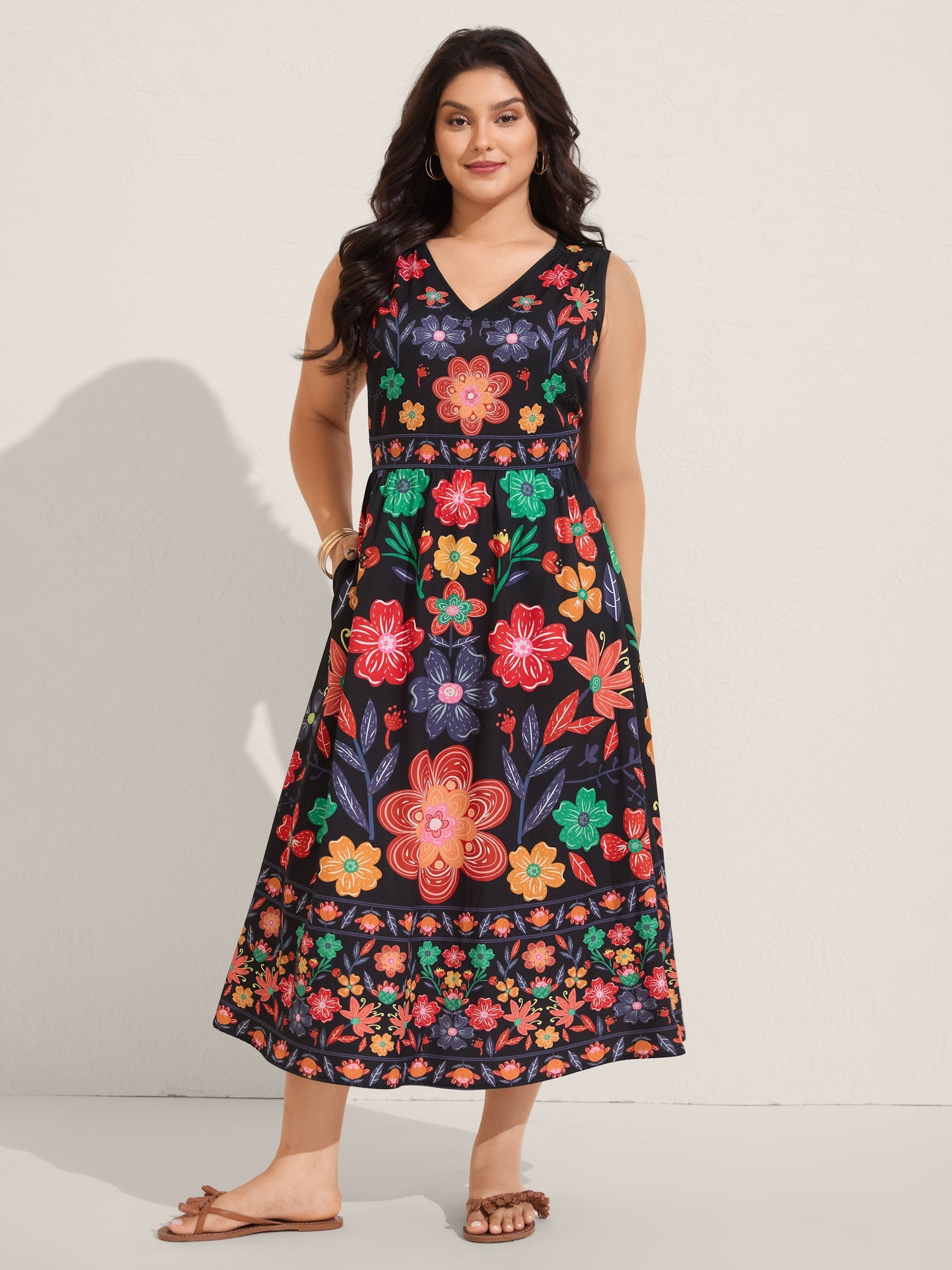 (18pcs Minimum Wholesale)Floral Drama Cinched-Waist Maxi Dress