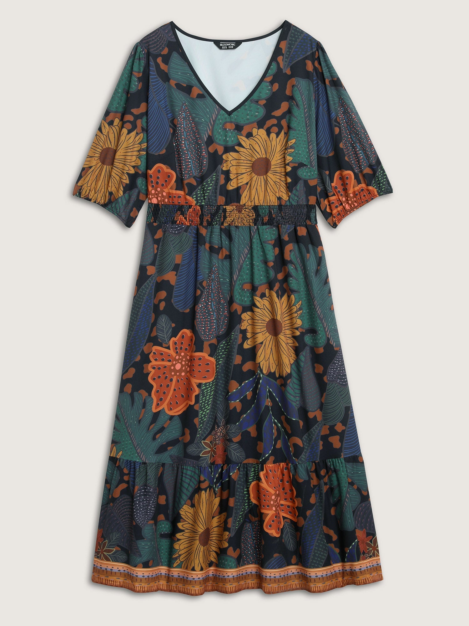 (30pcs Minimum Wholesale)Floral Shirred Lantern Sleeve Midi Dress