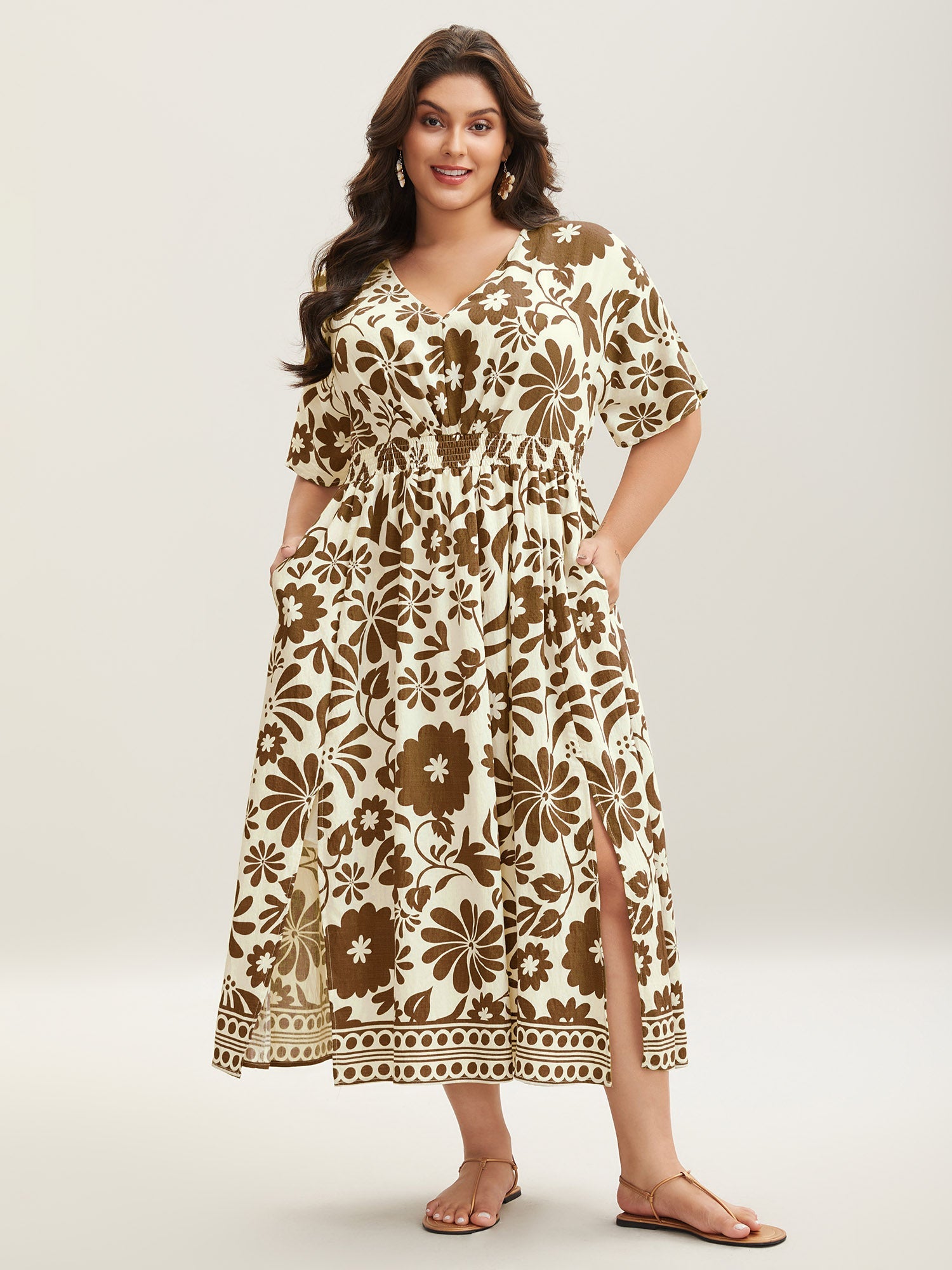 (16pcs Minimum Wholesale)Large Floral Print Pockets Midi Dress