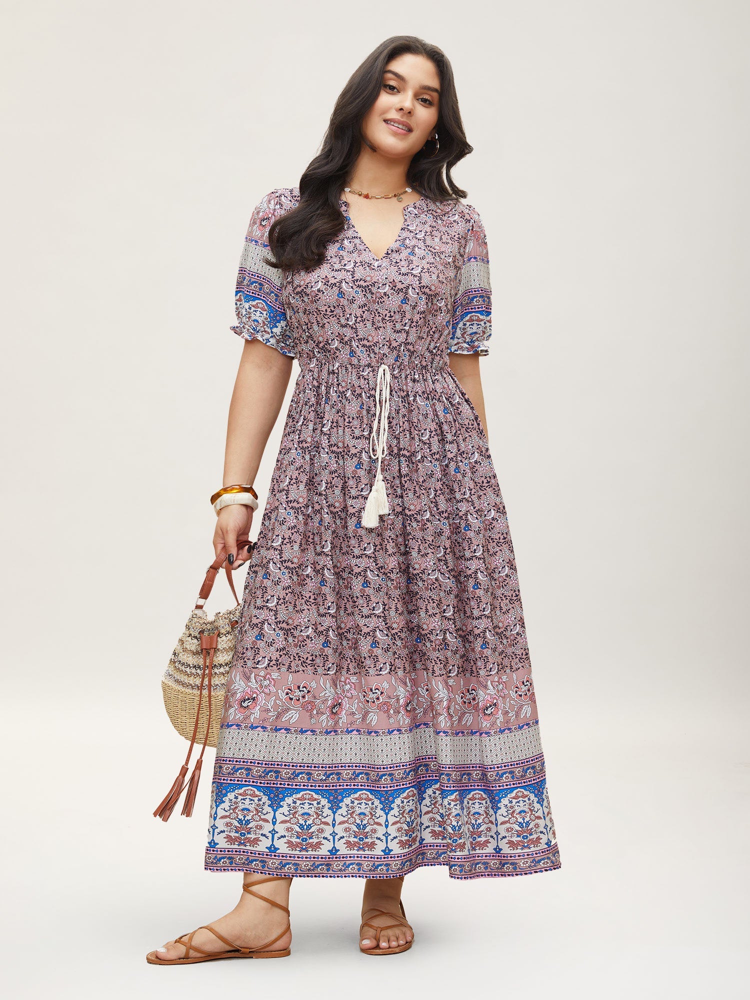 (20pcs Minimum Wholesale)Boho Print Notched Ties Tassel Trim Dress