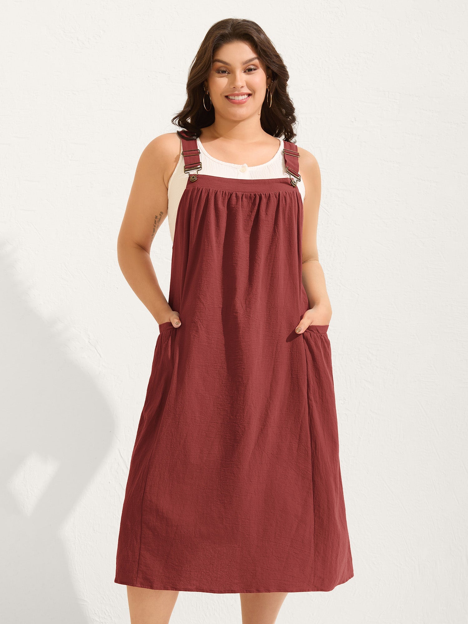 (20pcs Minimum Wholesale)Pure Cotton Pleated Pockets Midi Dress