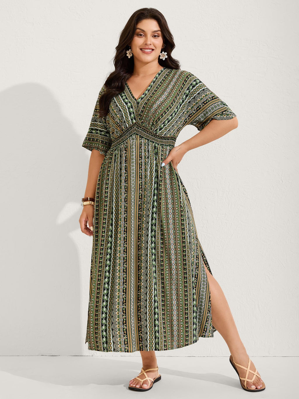 (25pcs Minimum Wholesale)Striped Contrast Dolman Sleeve Shirred Pocket Split Flutter Dress