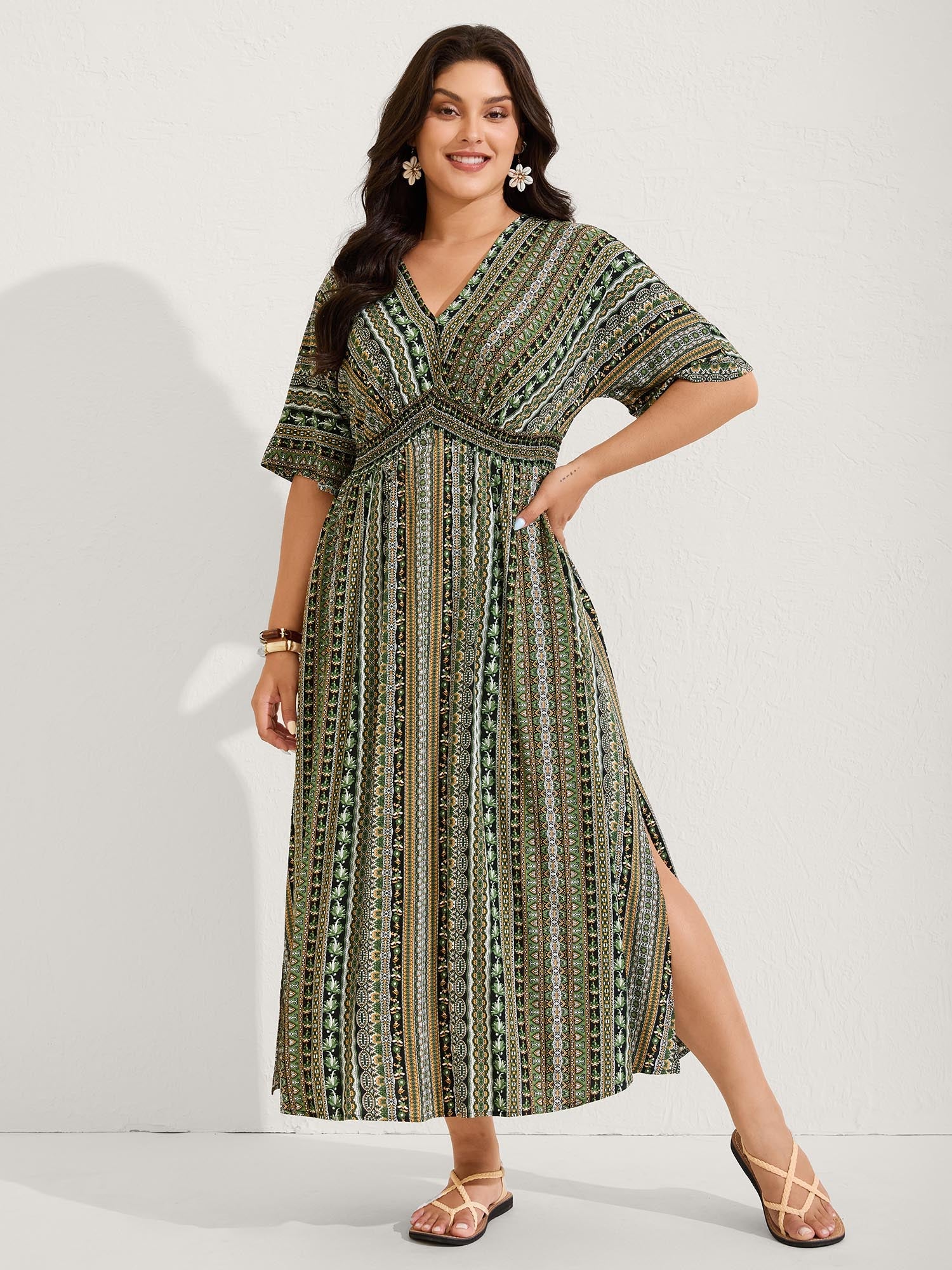 (25pcs Minimum Wholesale)Striped Contrast Dolman Sleeve Shirred Pocket Split Flutter Dress