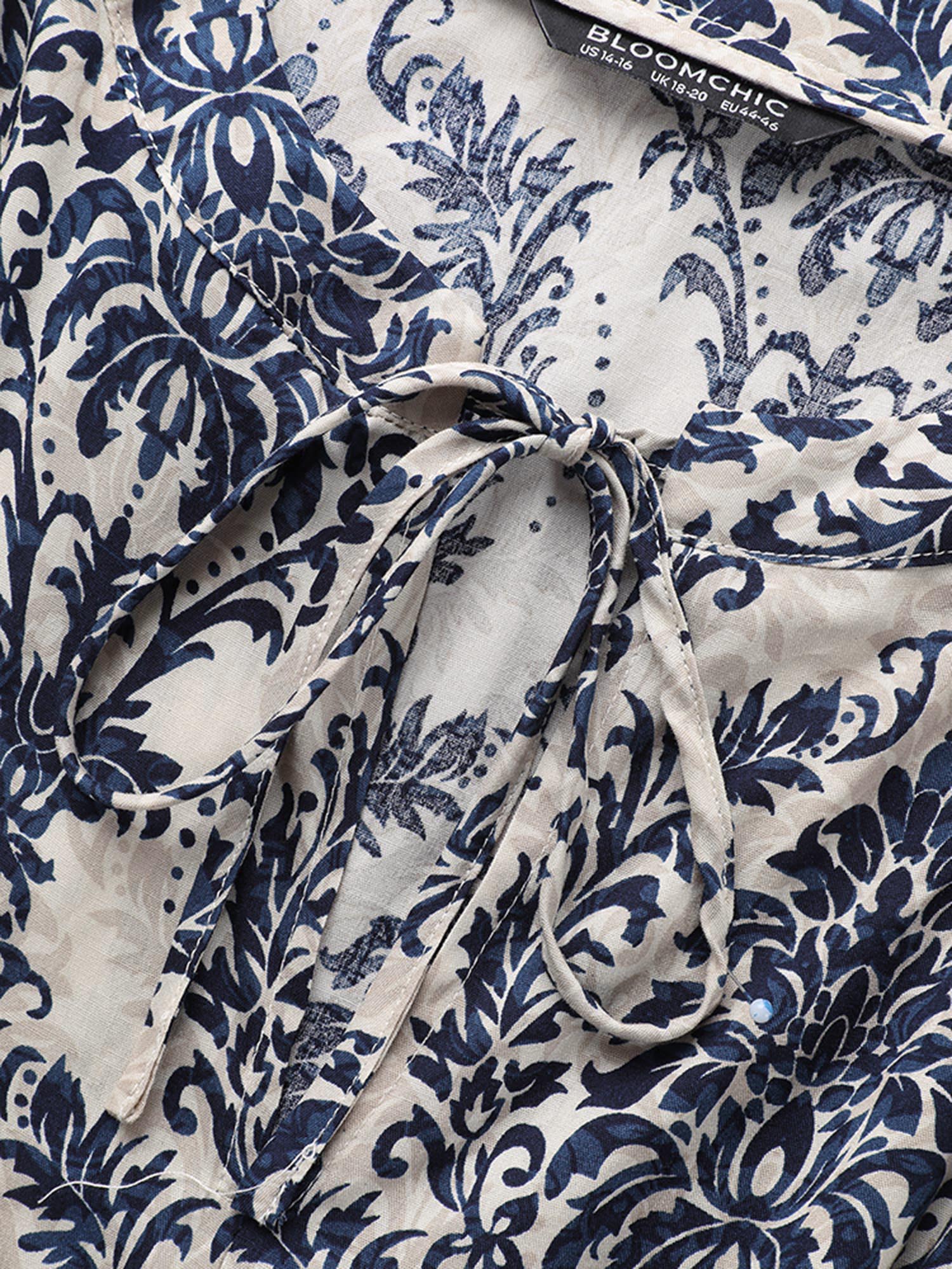 (22pcs Minimum Wholesale)Damask Print Tie Knot Puff Sleeve Dress