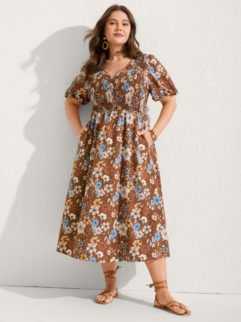 (18pcs Minimum Wholesale)Fall Florals Shirred Bodice Midi Dress